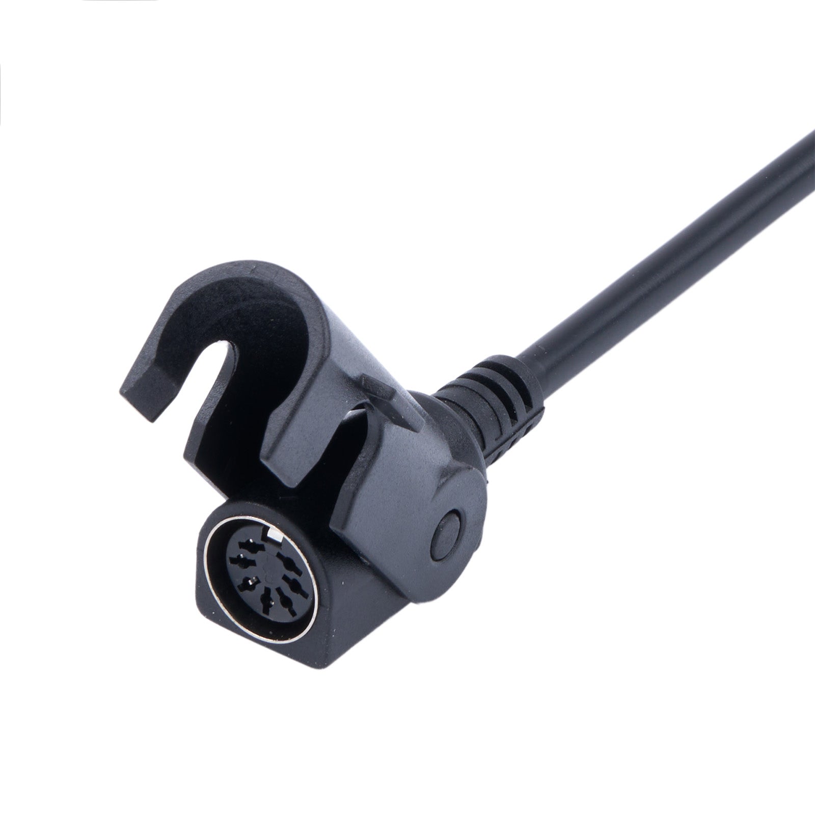 Black cable connector with a curved design on a white background