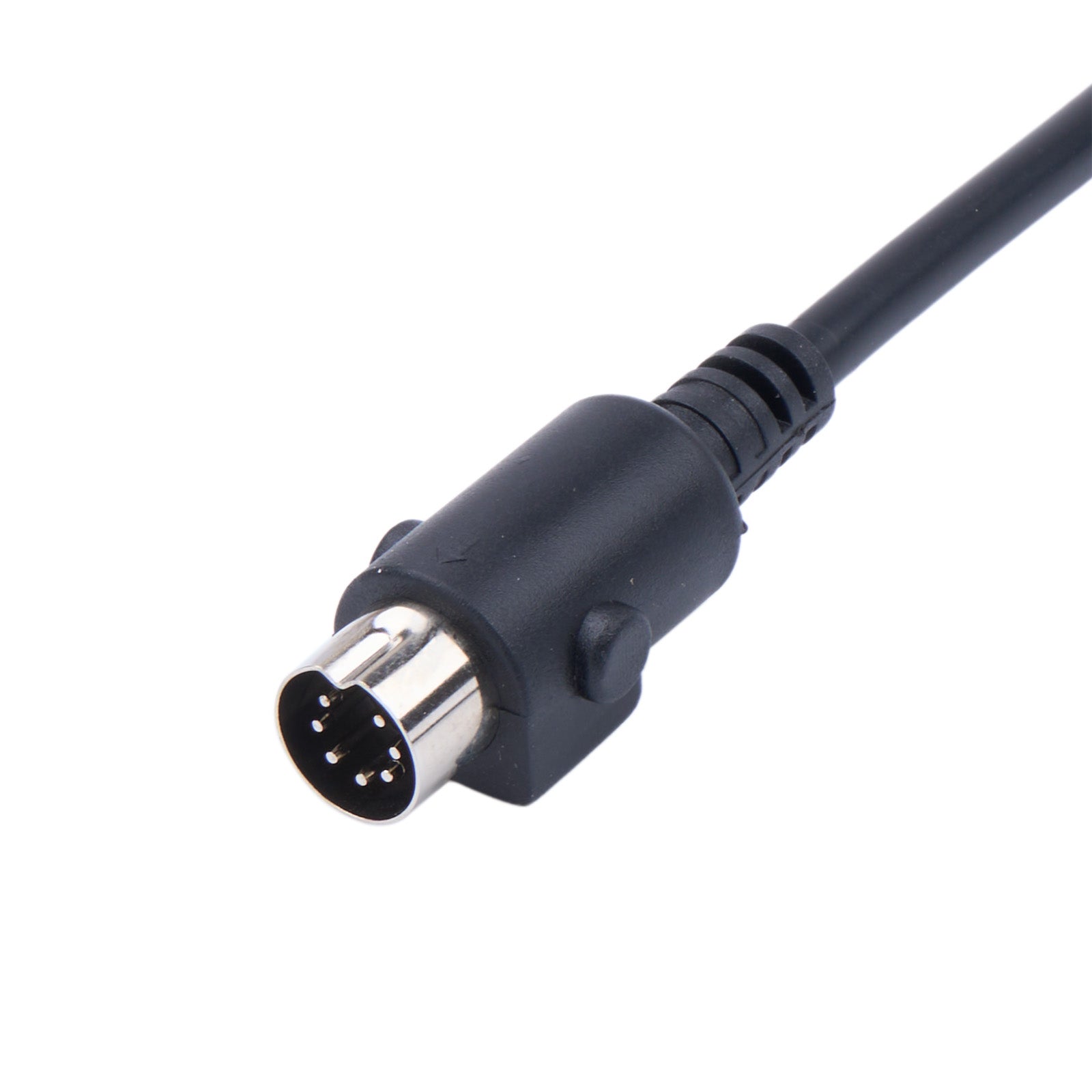 Black cable connector with silver metallic end on a white background