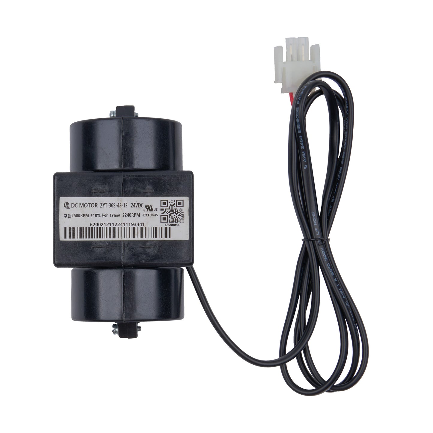Black electric motor with wiring on a white background