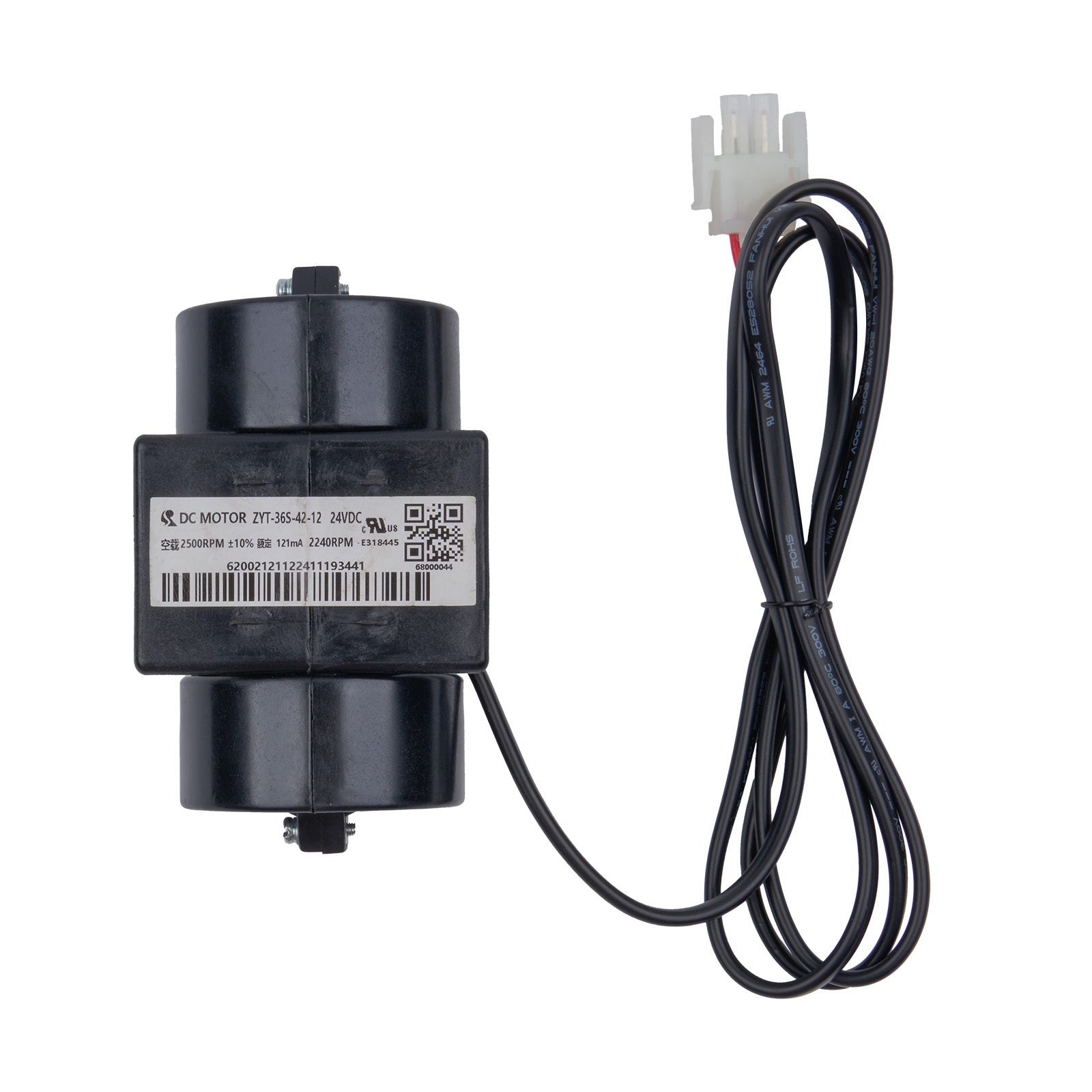 Black electric motor with wiring on a white background