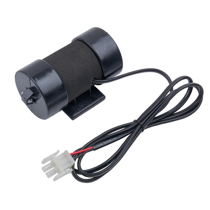Black cylindrical motor with wiring on a white background