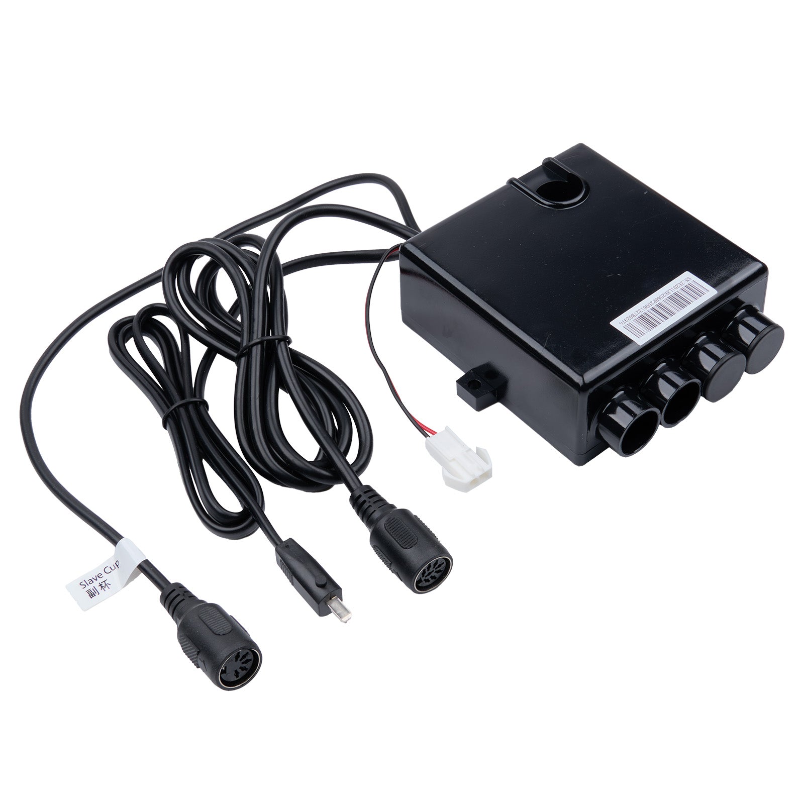 Black electronic module with cables on a white background