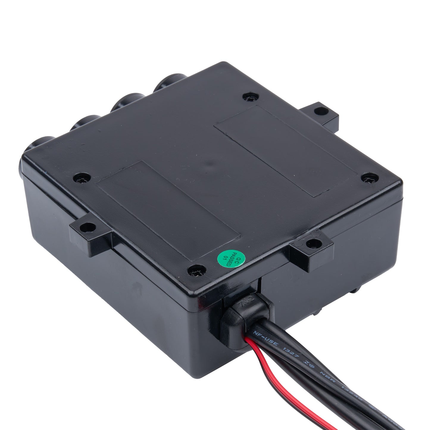 Black electronic enclosure with wires on a white background