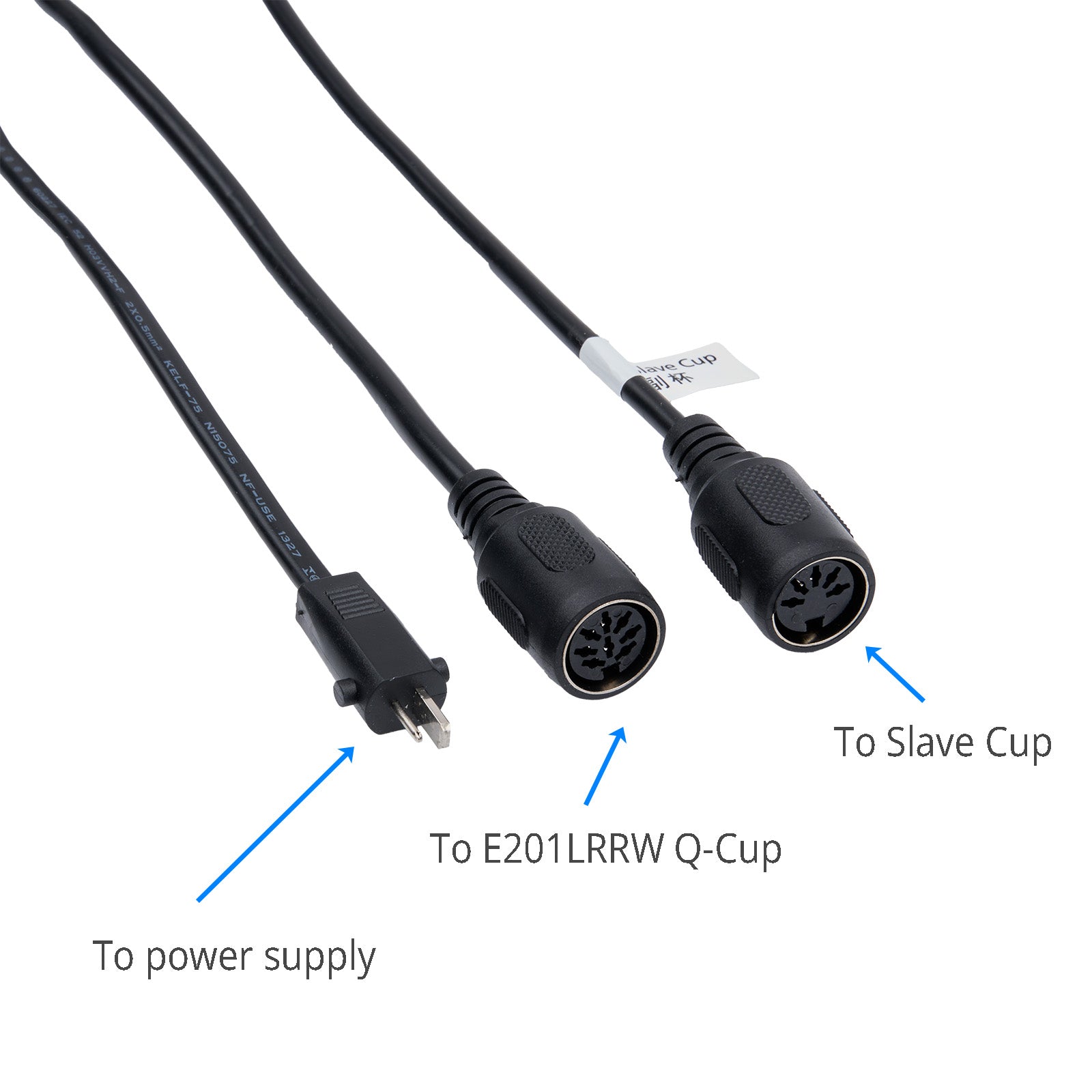 Two black cables with connectors labeled for connection points on a white background