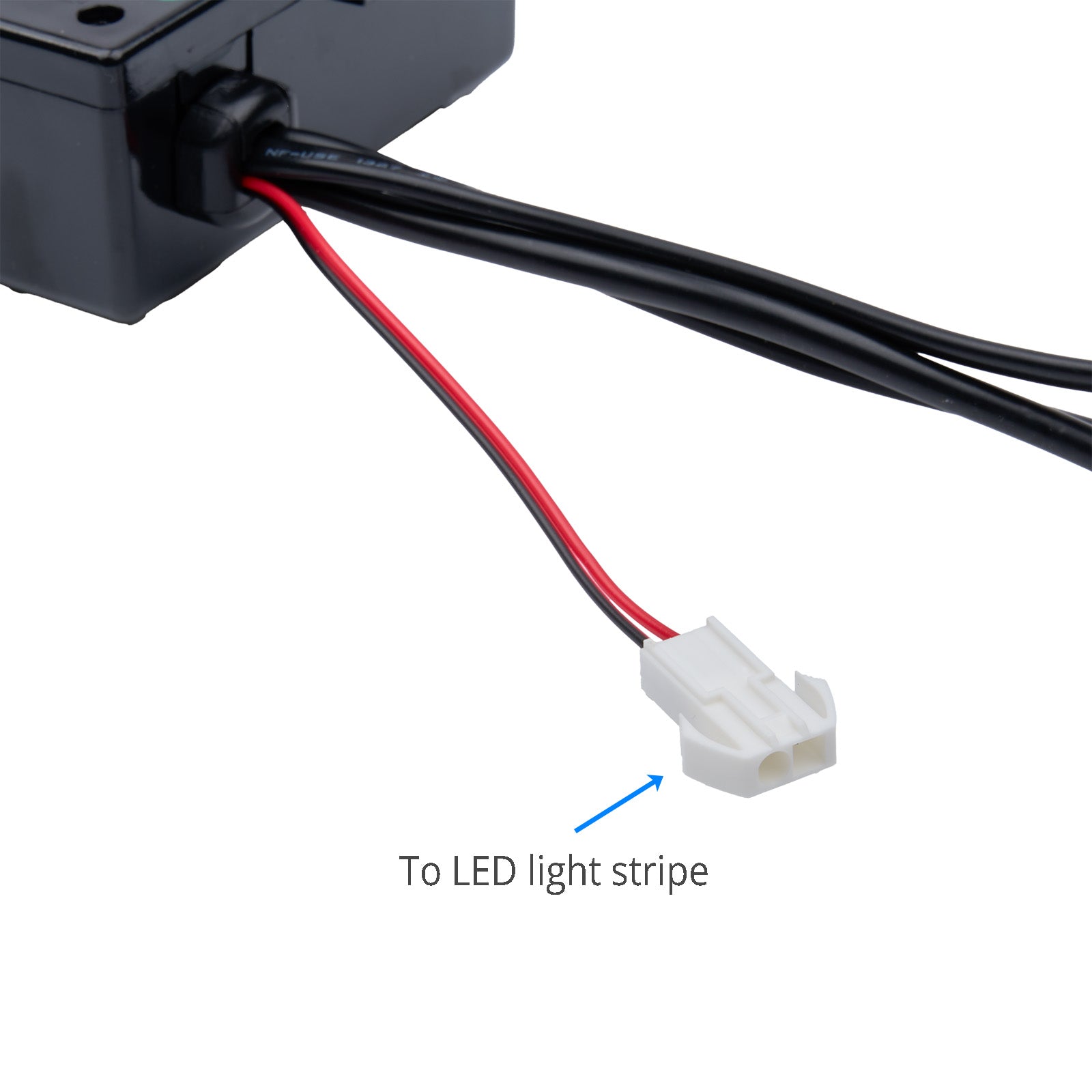 Wiring harness with red and black wires connected to a connector labeled 'To LED light stripe' on a white background.