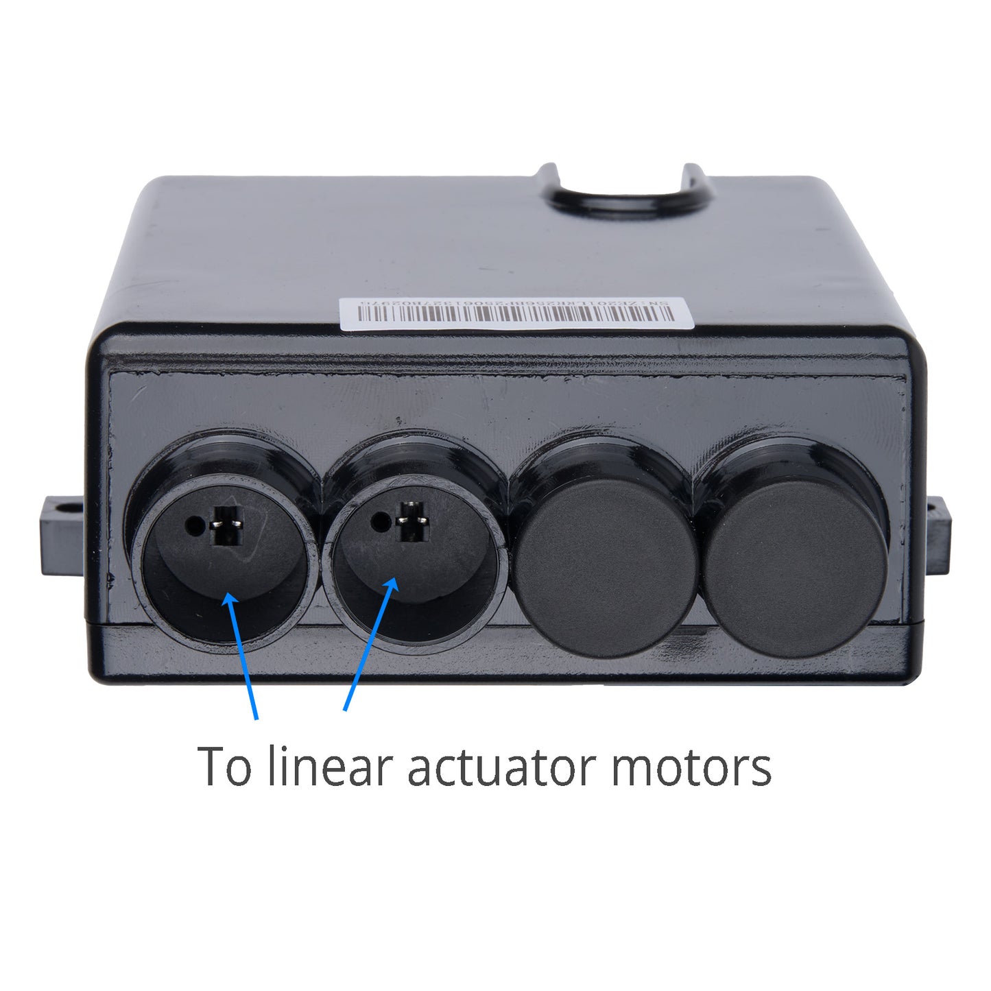 Black rectangular device with circular ports labeled 'To linear actuator motors' on a white background