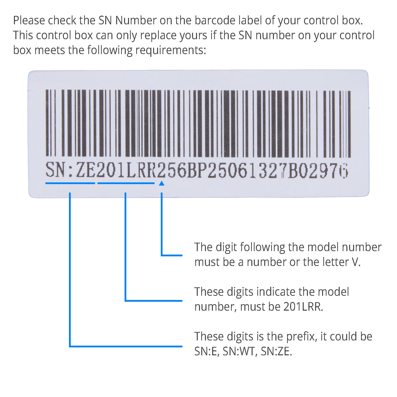 Barcode label with SN number and text instructions on a white background