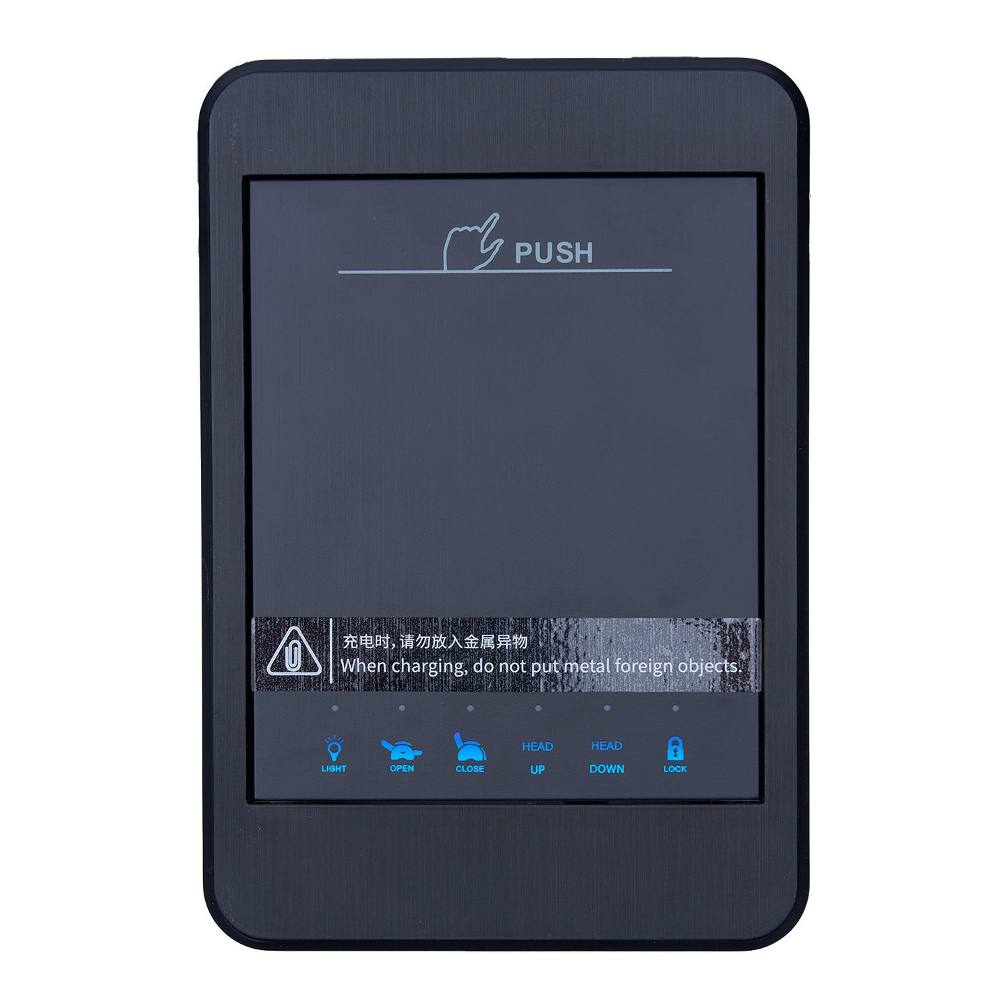 Black electronic device with screen displaying text and icons on a white background