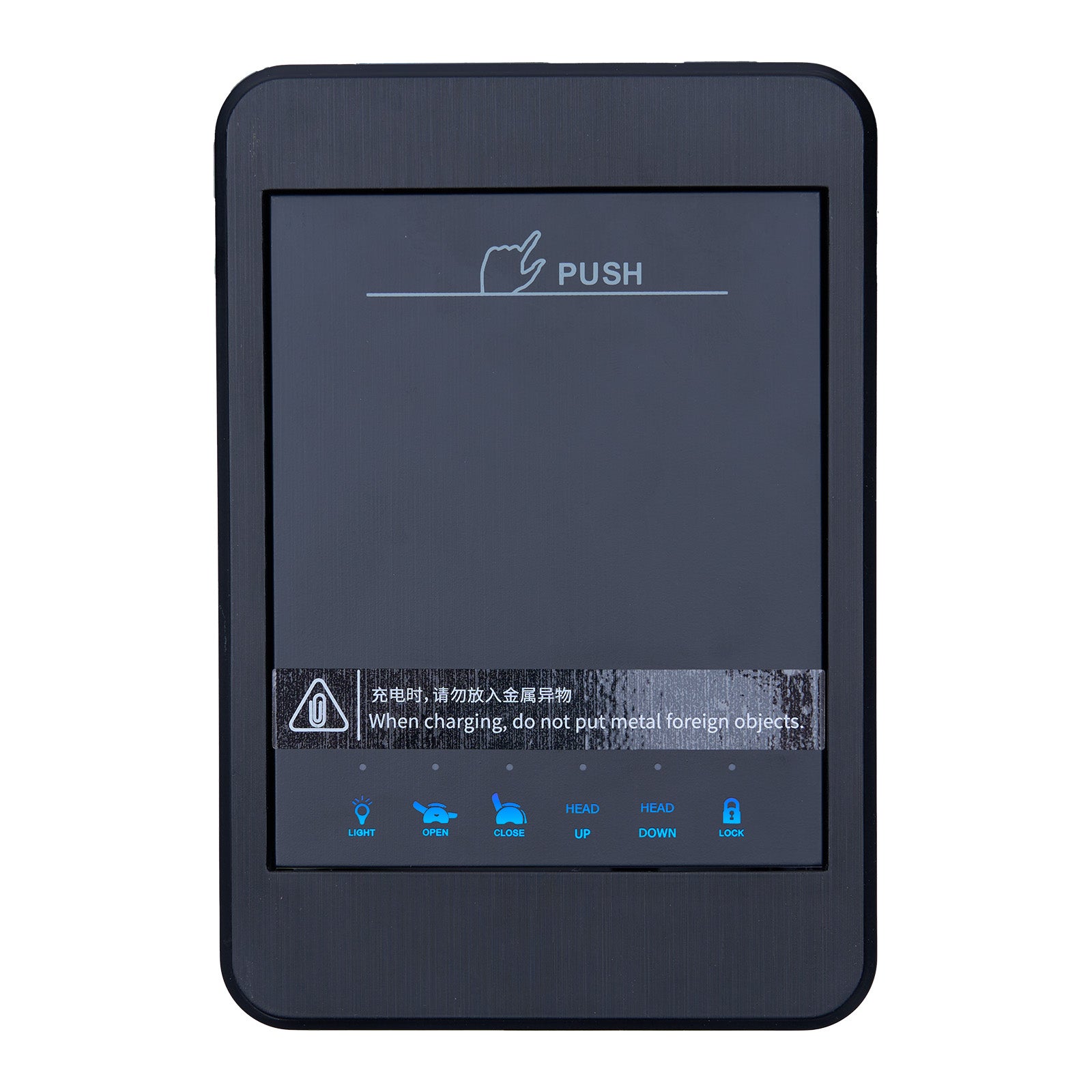 Black electronic device with screen displaying text and icons on a white background