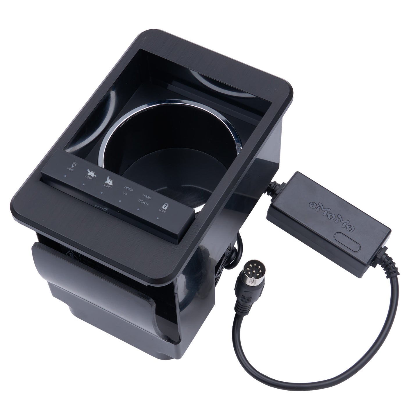 Black electronic device with control panel and power cable on a white background