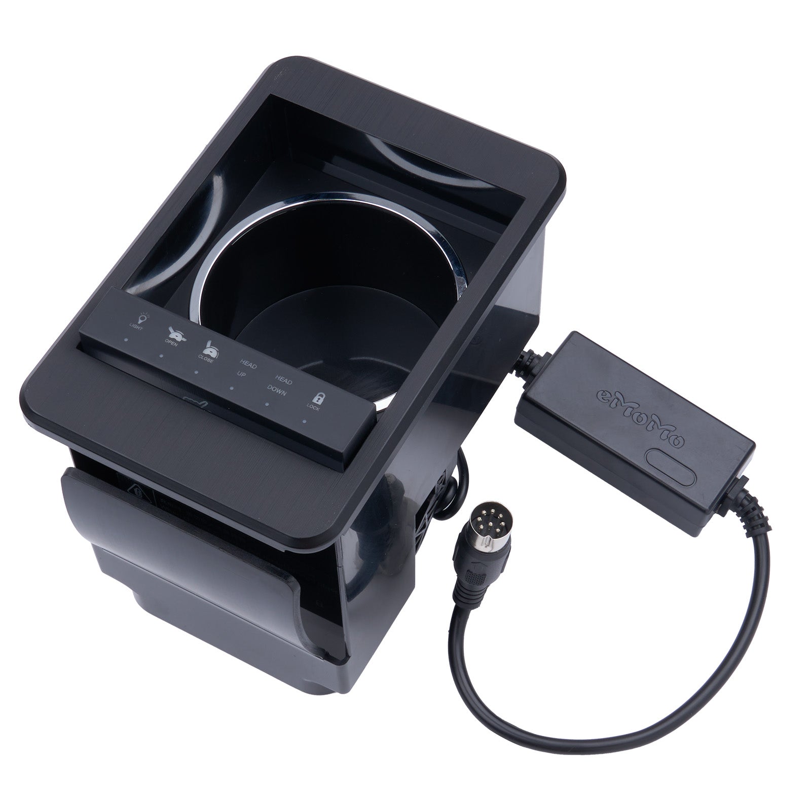 Black electronic device with control panel and power cable on a white background