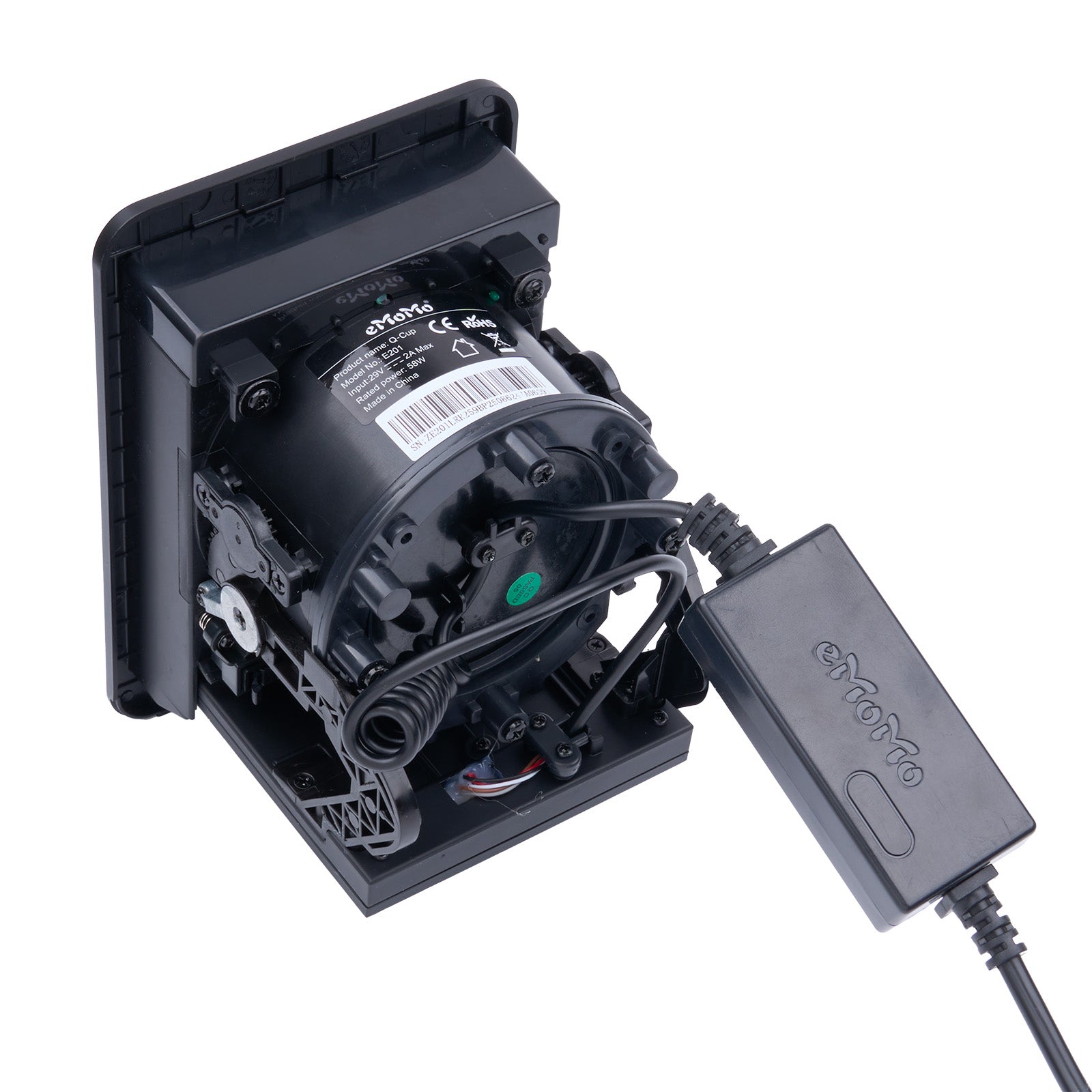 Black electronic device with a power adapter on a white background