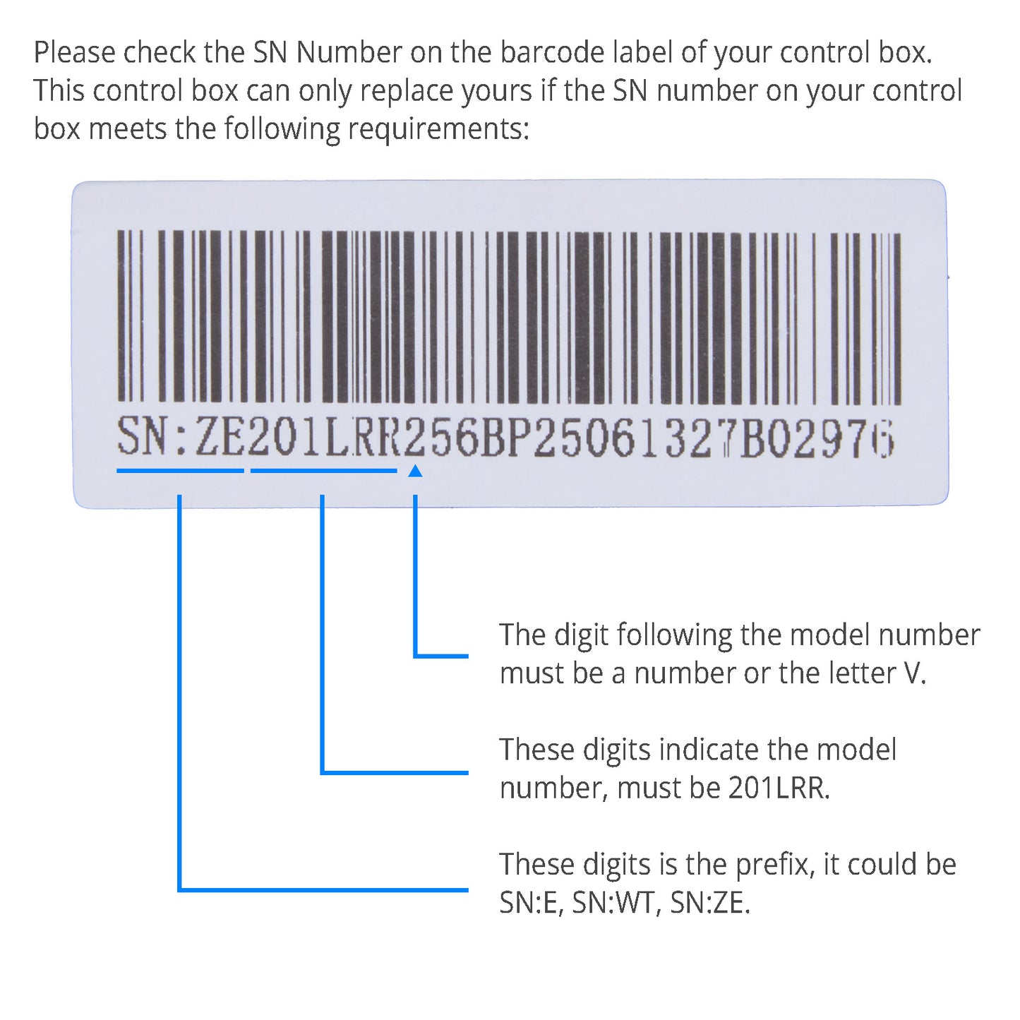 Barcode label with SN number and text instructions on a white background