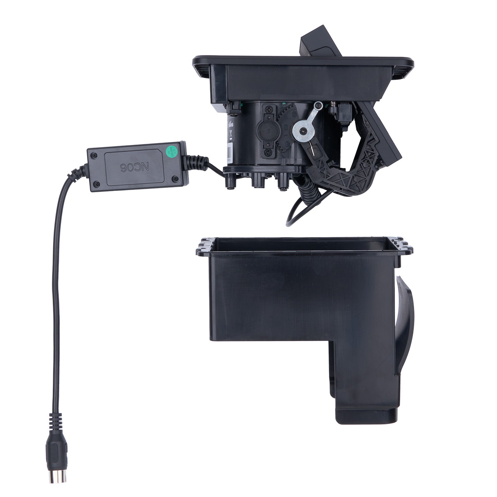 Black mechanical component with a cable on a white background