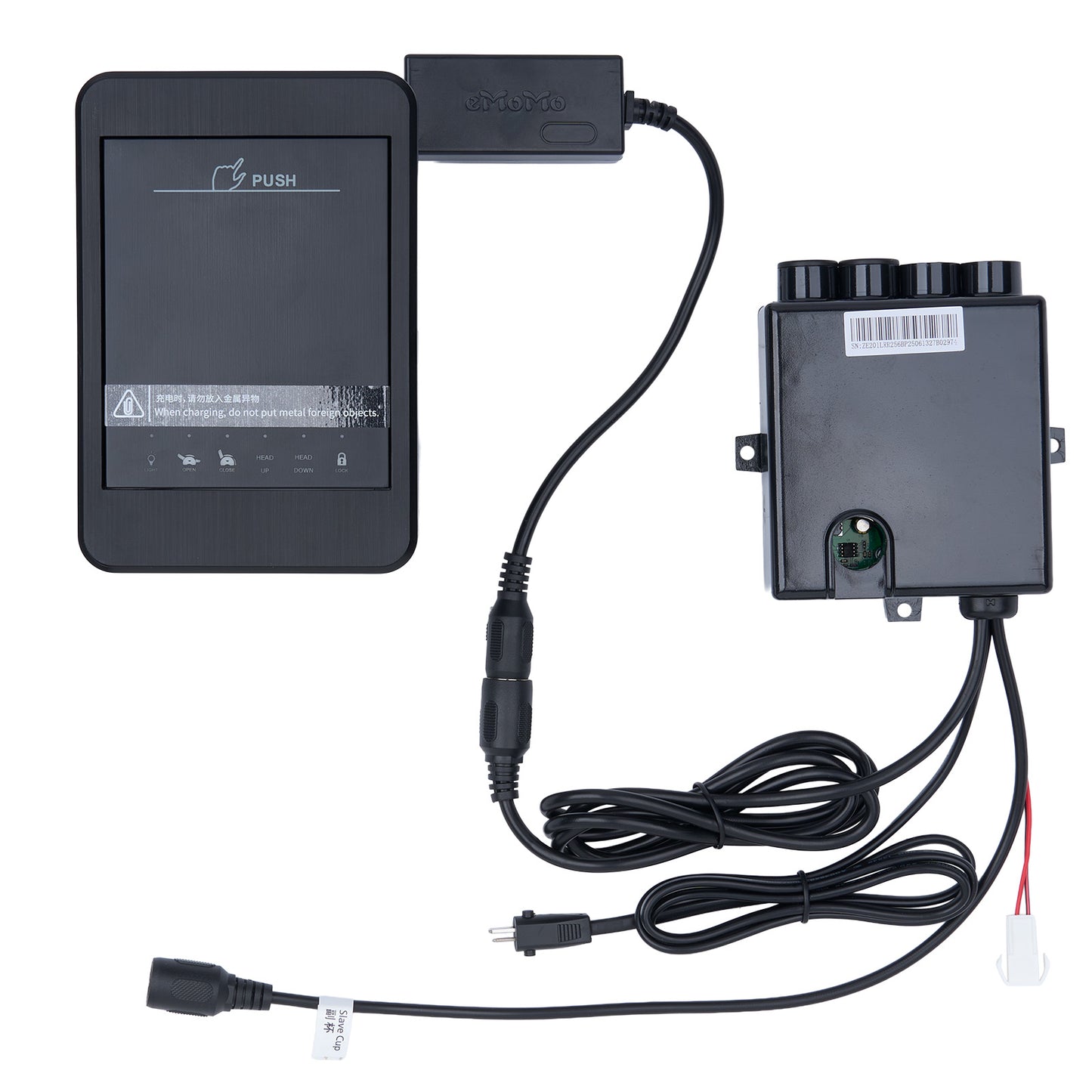 Electronic device with cables and connectors on a white background