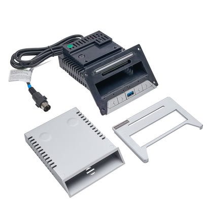 Electronic components including a power supply, cable, and enclosure on a white background