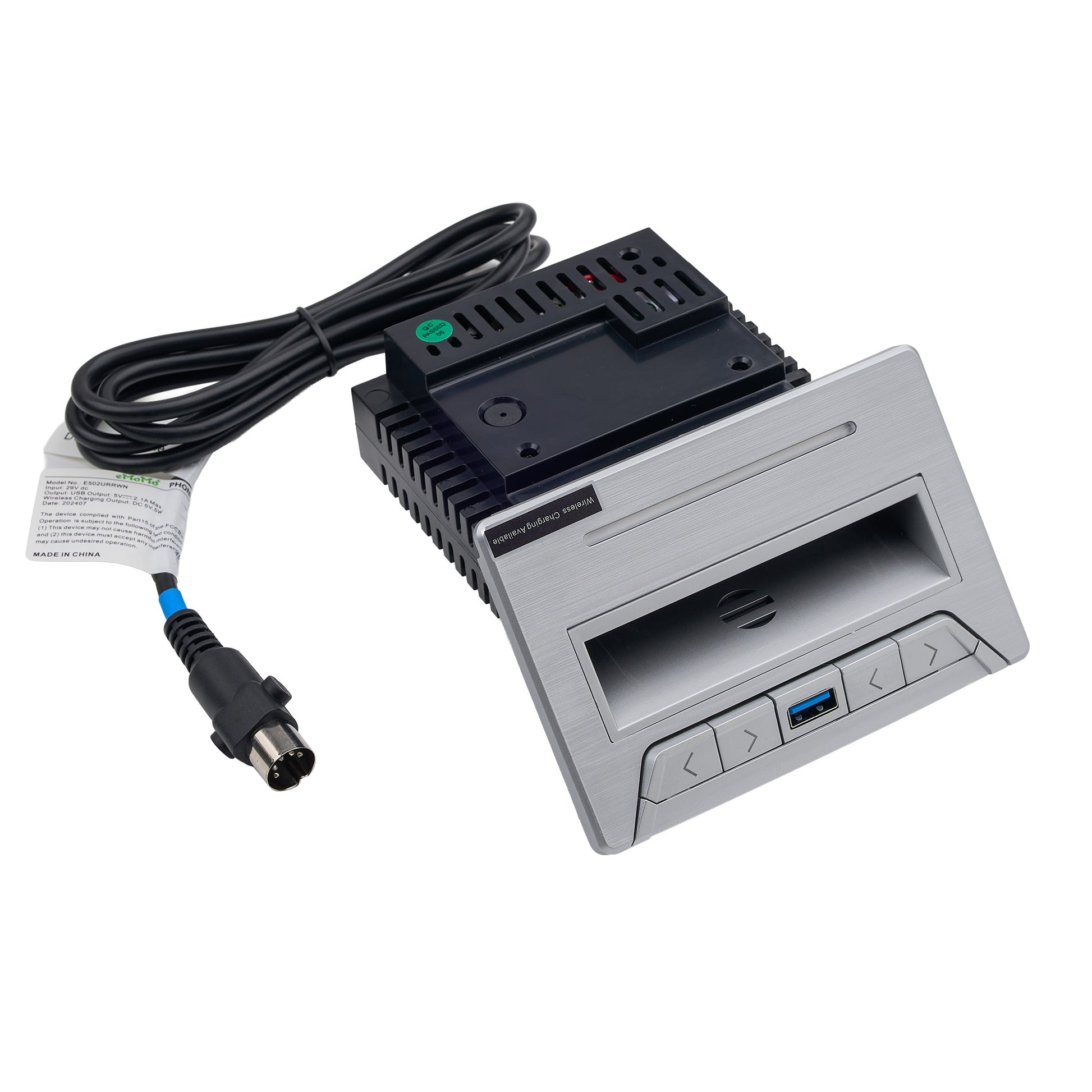 Electronic device with USB ports and power cable on a white background