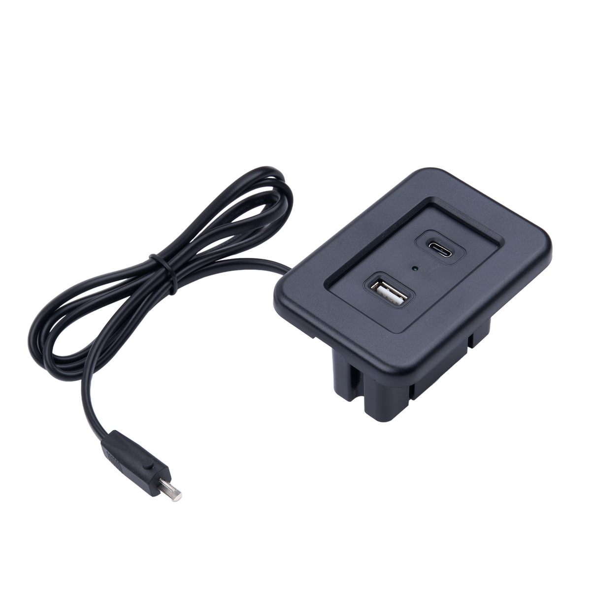 A black USB-C to USB-A adapter dongle with a coiled cable, shown on a solid white background.