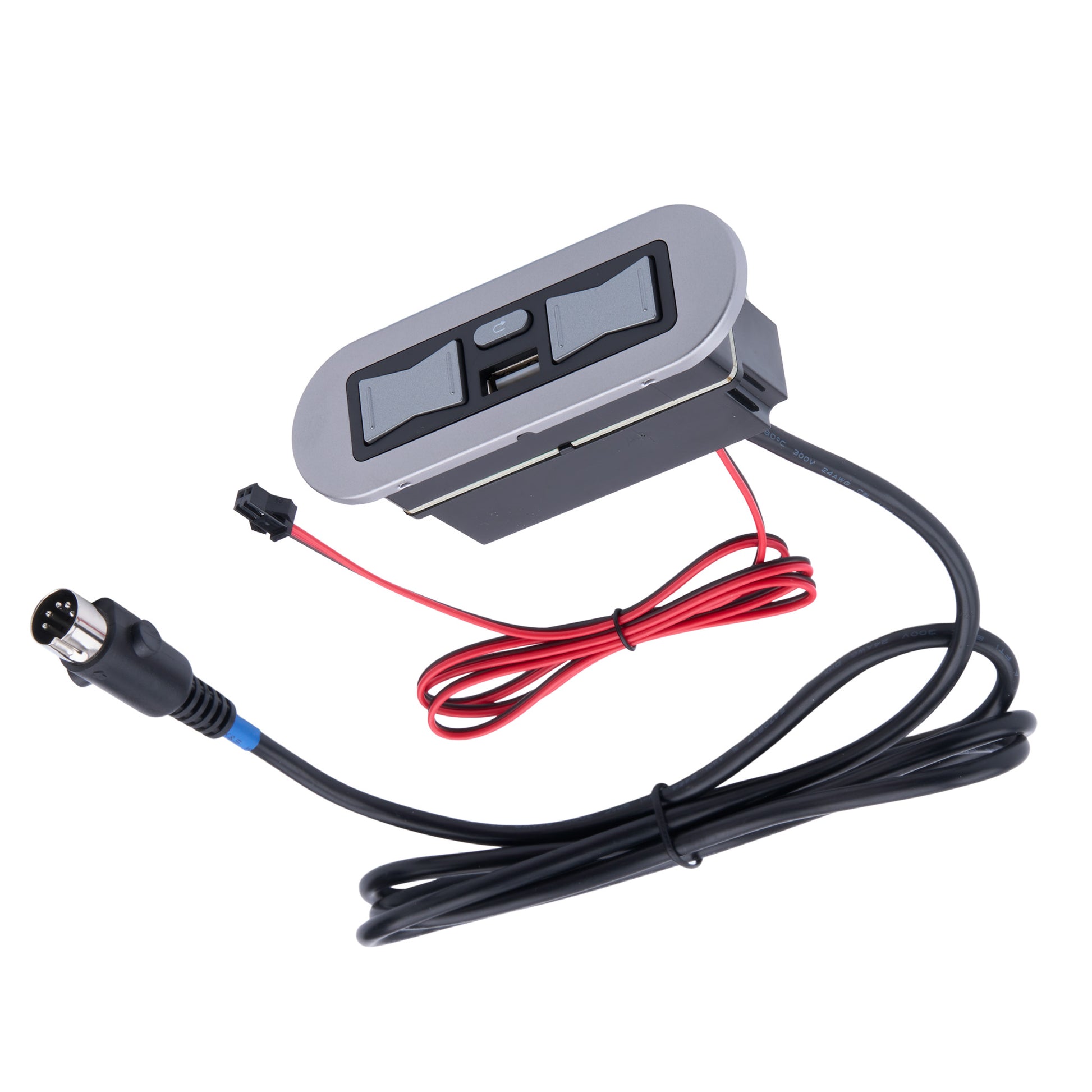 A recliner electronic control module with a gray and black casing, featuring two push-button switches and attached wiring including a red wire, a black cable, and a black connector with a blue band.
