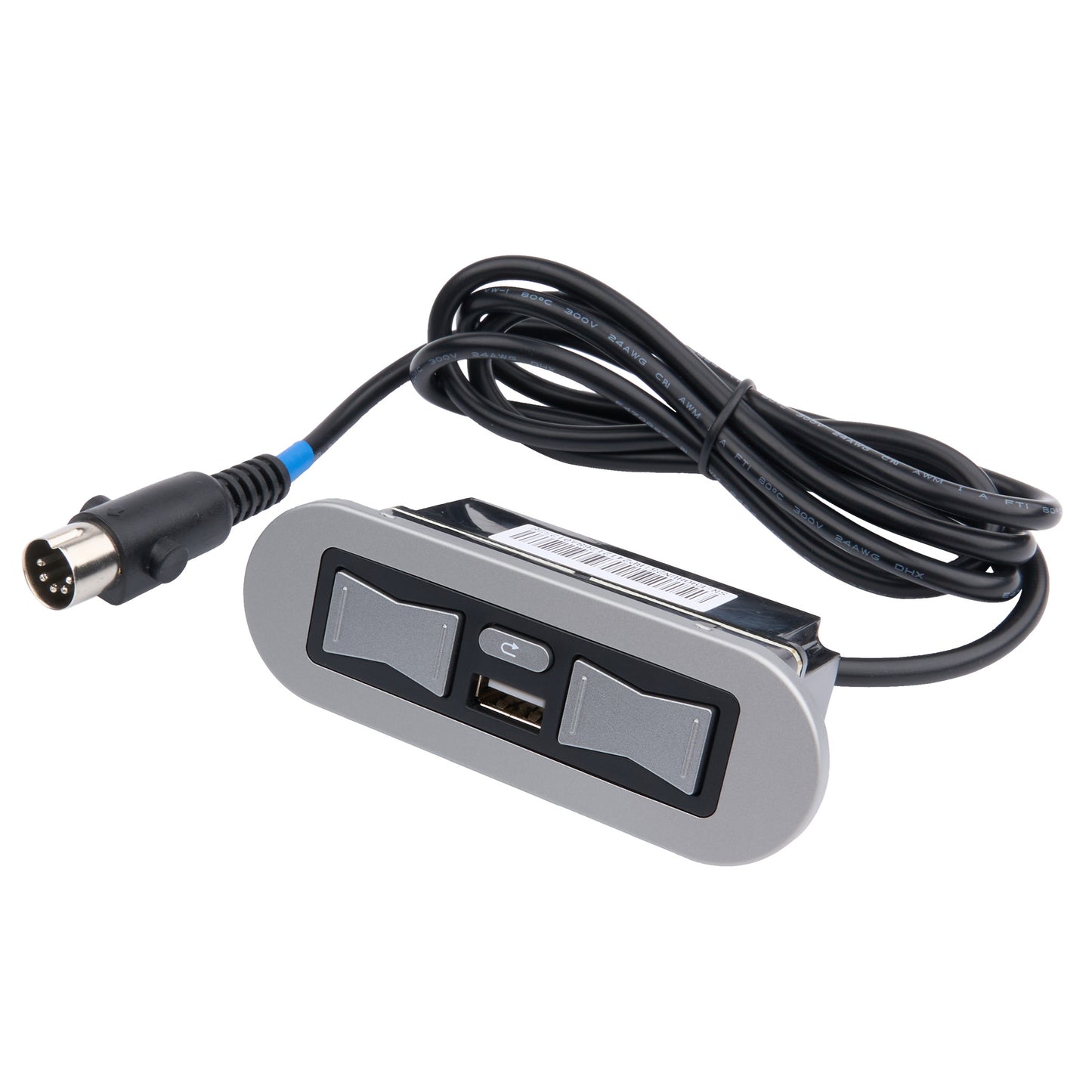 A silver and black dual-button USB power strip with a coiled black cable and a black XLR connector, shown on a white background.