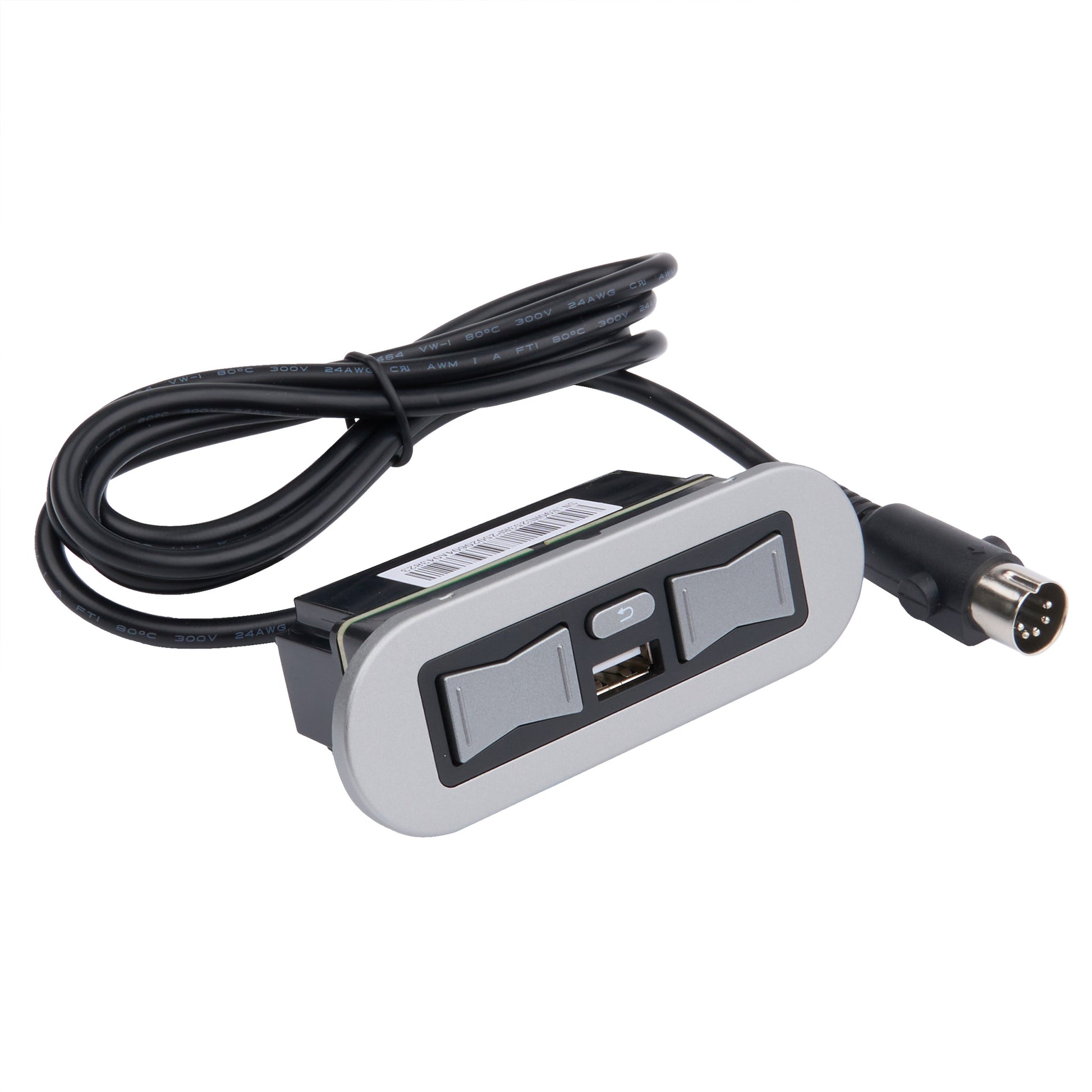 A car power adapter with a black cable, featuring two toggle switches and a USB port on a silver and black rectangular housing, with a black connector plug on a white background.