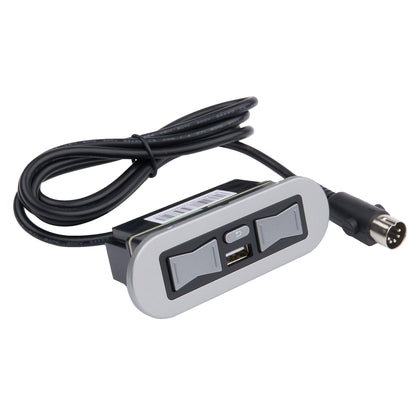 A car power adapter with a black cable, featuring two toggle switches and a USB port on a silver and black rectangular housing, with a black connector plug on a white background.