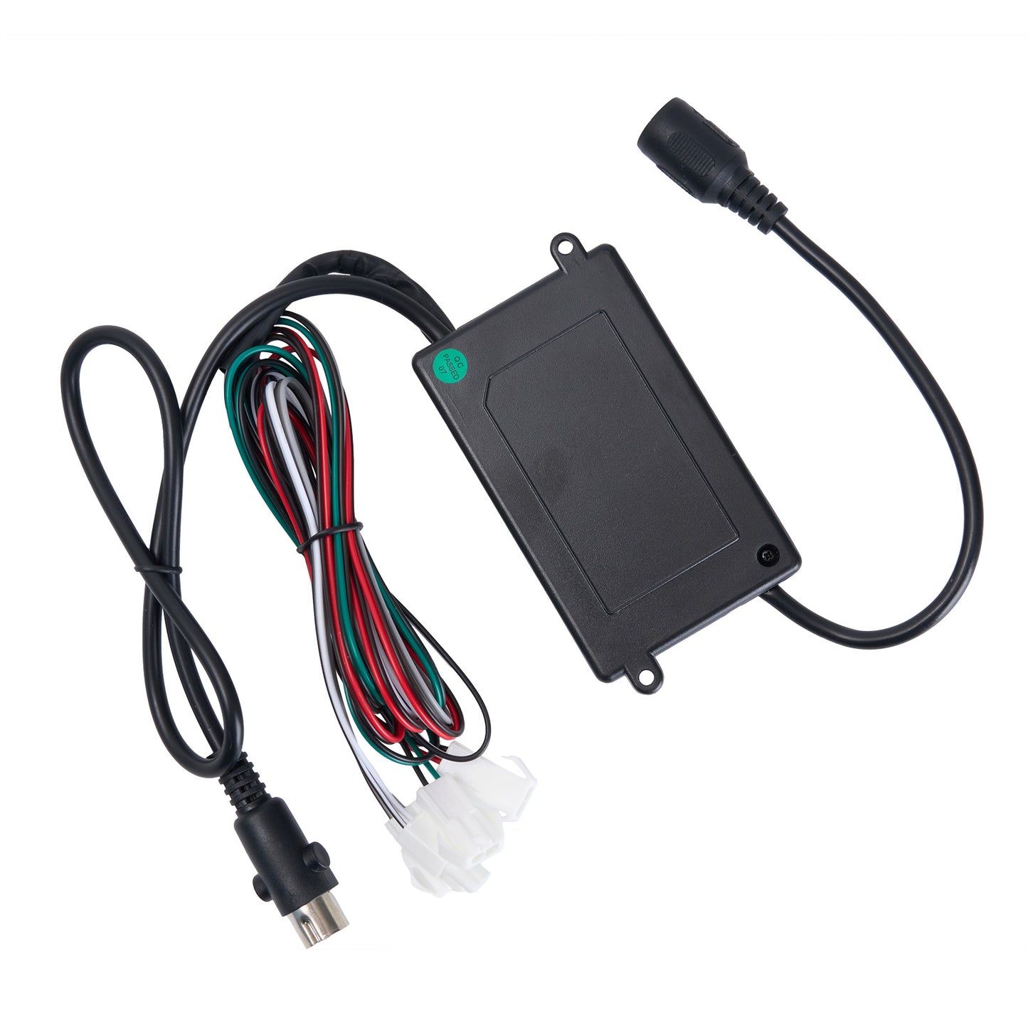 Car audio amplifier with wiring harness on a white background