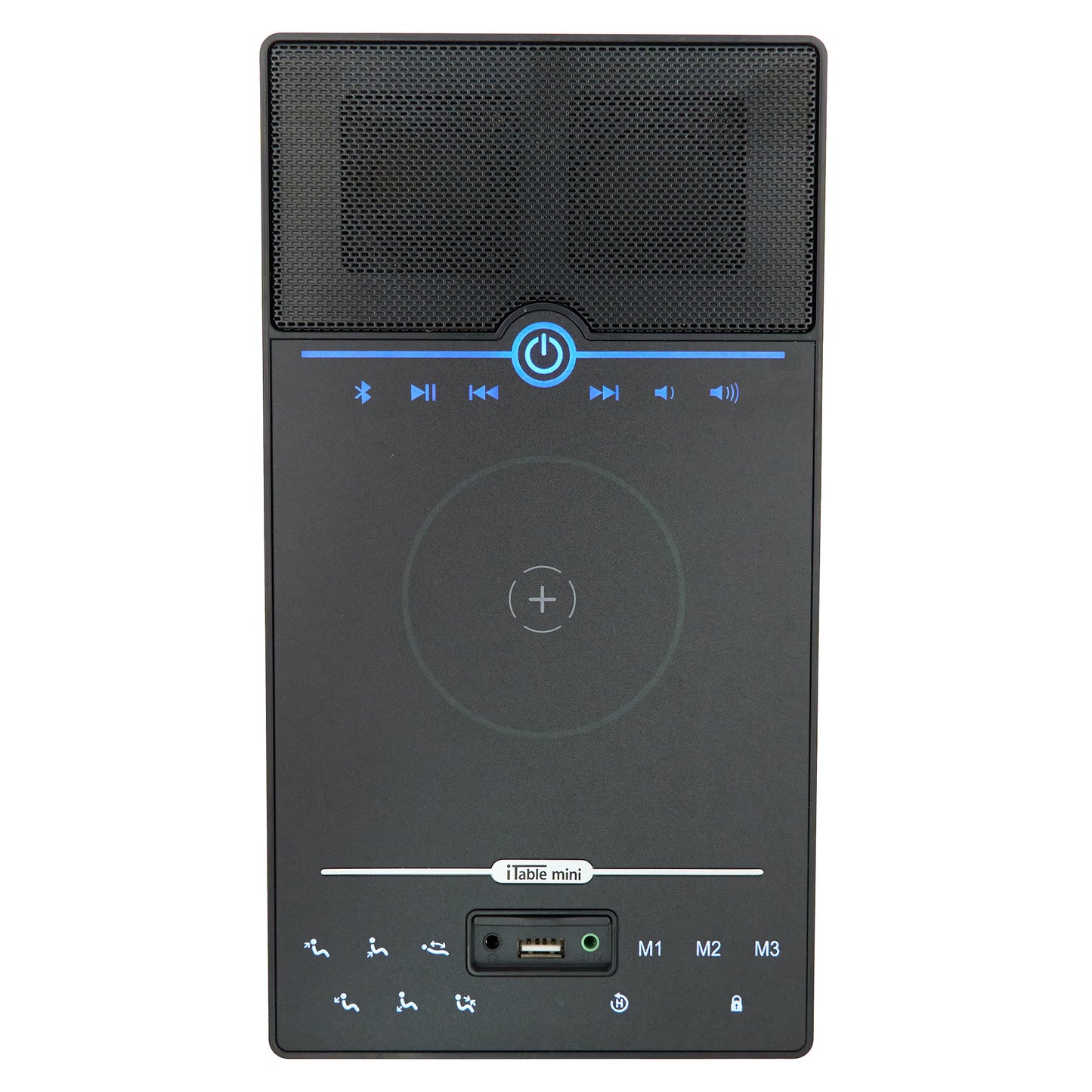 A black portable Bluetooth speaker with an integrated wireless charging pad and control buttons on the front, shown against a plain white background.