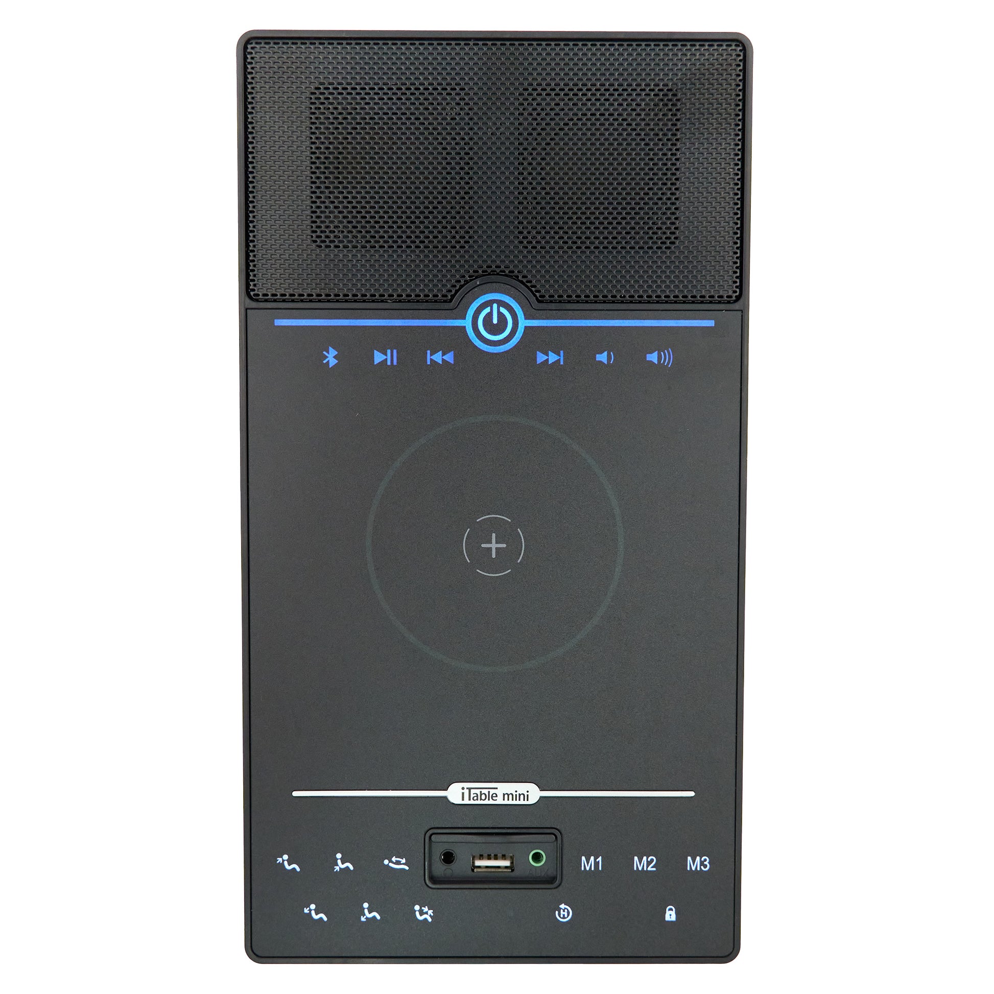 A black portable Bluetooth speaker with an integrated wireless charging pad and control buttons on the front, shown against a plain white background.