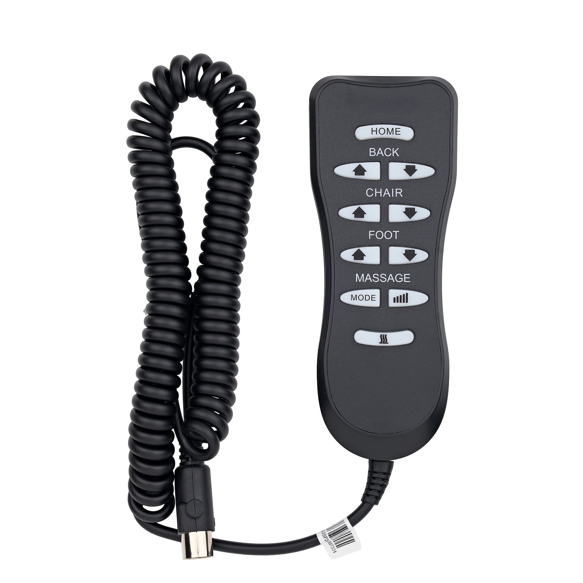 Black wireless remote control with a coiled cord and multiple labeled buttons including HOME, BACK, CHAIR, FOOT, MASSAGE, and MODE, shown on a plain white background.