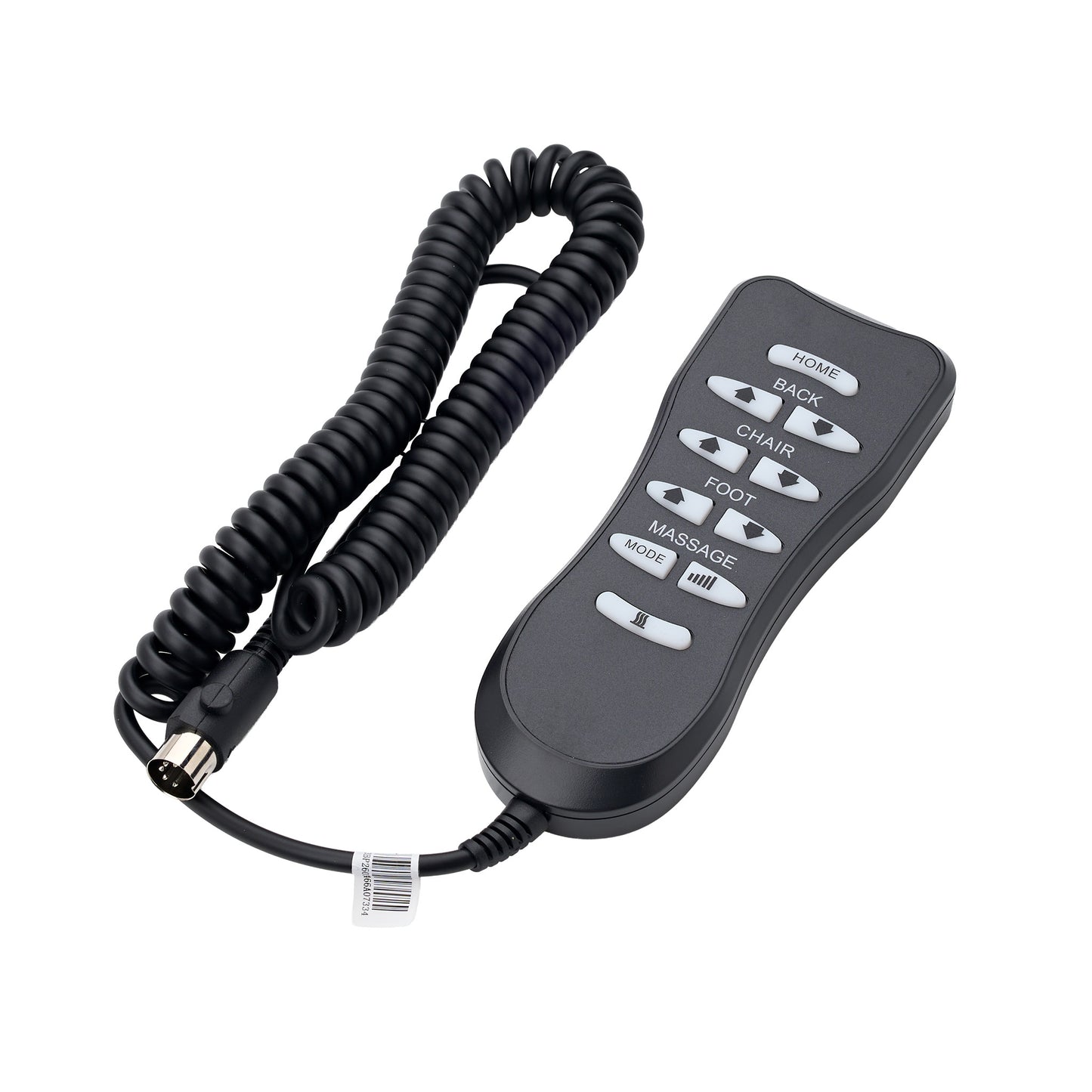 Black remote control with a coiled cord and multiple buttons labeled HOME, BACK, CHAIR, FOOT, MASSAGE, and MODE, shown on a plain white background. Compatible with Journey