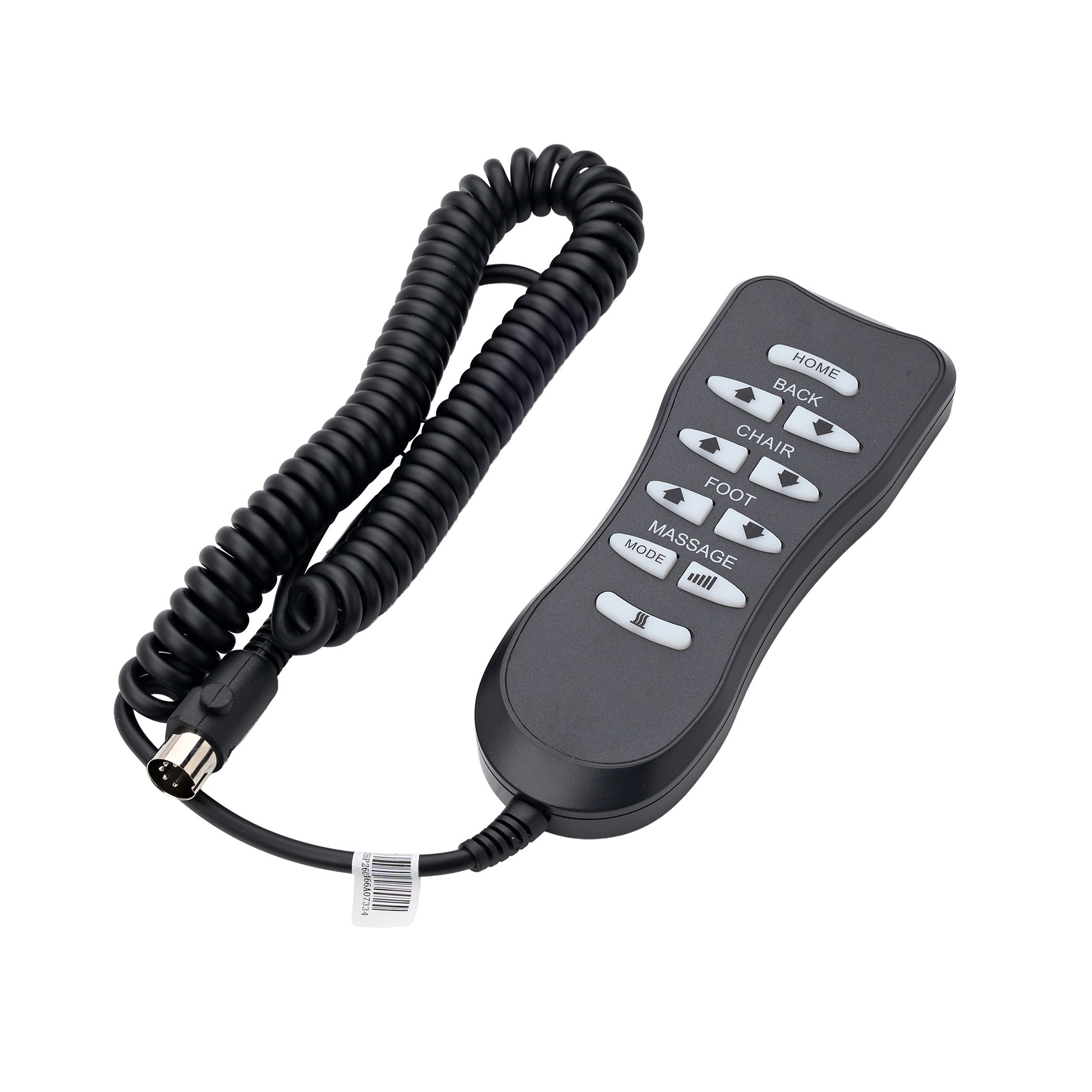 Black remote control with a coiled cord and multiple buttons labeled HOME, BACK, CHAIR, FOOT, MASSAGE, and MODE, shown on a plain white background. Compatible with Journey