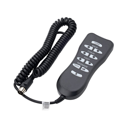 Black remote control with a coiled cord and multiple buttons labeled HOME, BACK, CHAIR, FOOT, MASSAGE, and MODE, shown on a plain white background. Compatible with Journey