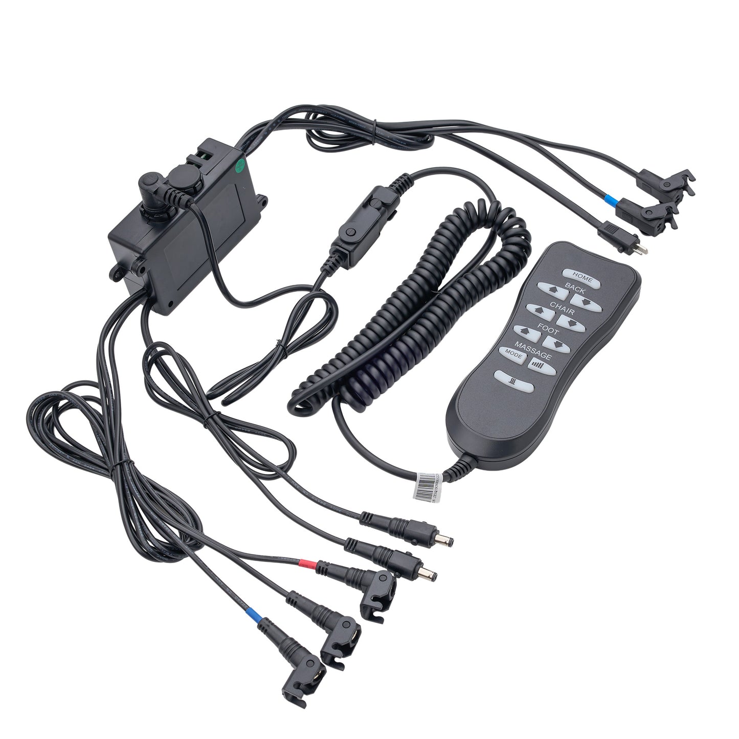A black remote control wiring harness with a multi-connector cable assembly, a coiled cord, and a handheld remote control unit on a white background.