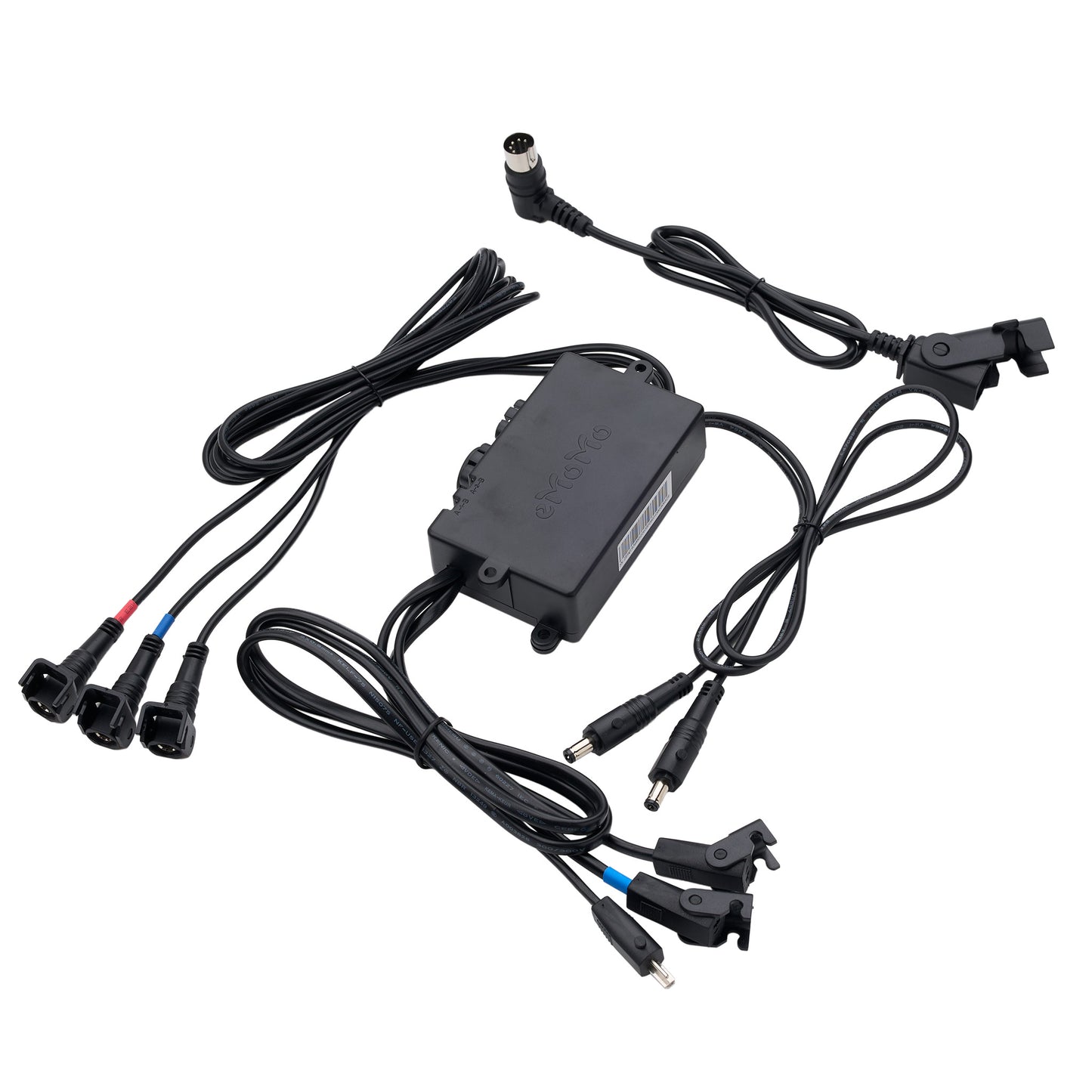 Black electronic controller module with attached wiring harnesses and multiple connector plugs, photographed on a plain white background.
