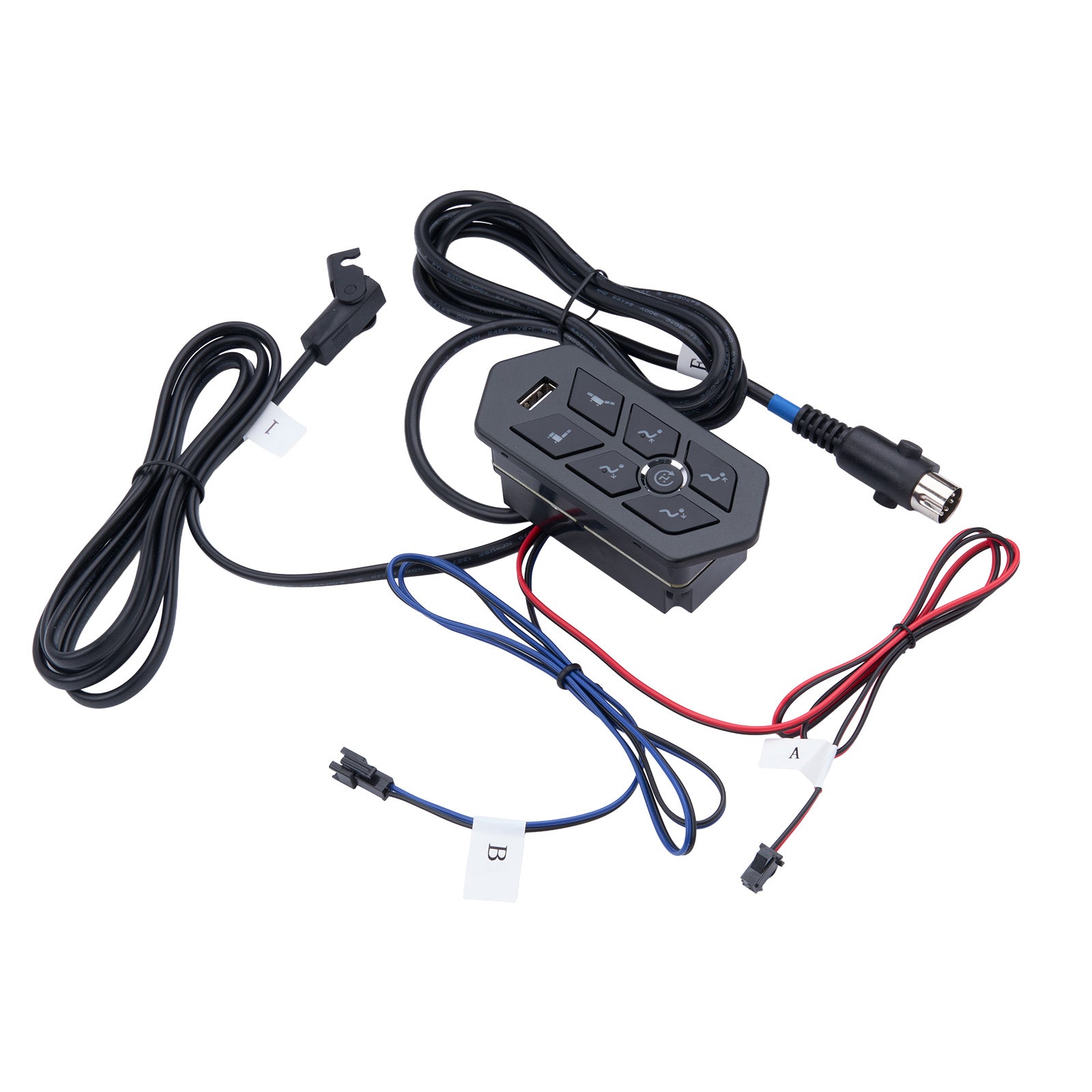 Car audio control panel with multiple cables on a white background