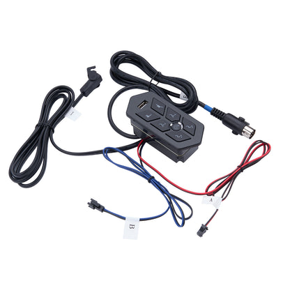 Car audio control panel with multiple cables on a white background