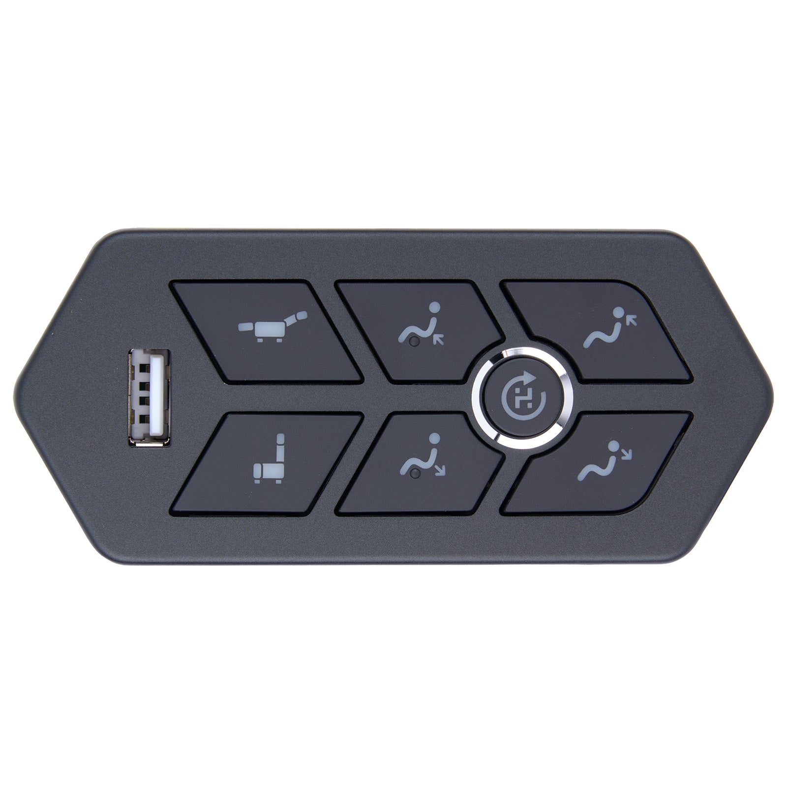 Control panel with buttons and a USB port on a white background