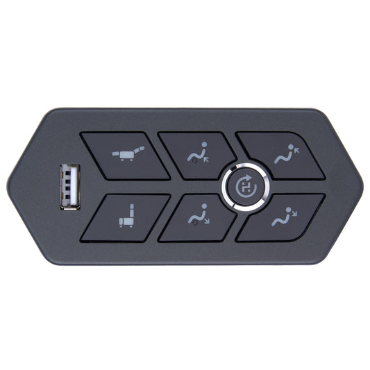 Control panel with buttons and a USB port on a white background