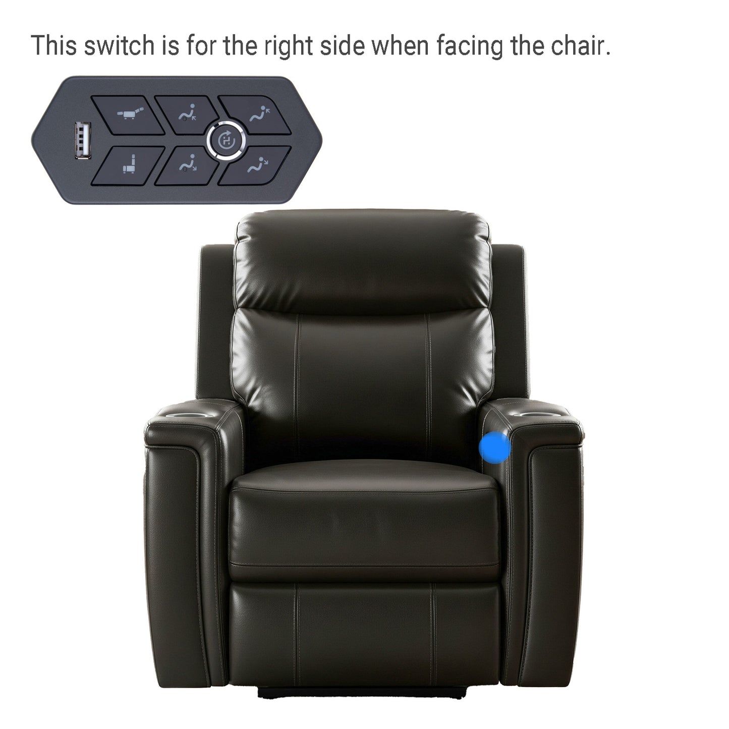 Black leather recliner chair with control panel inset on a white background