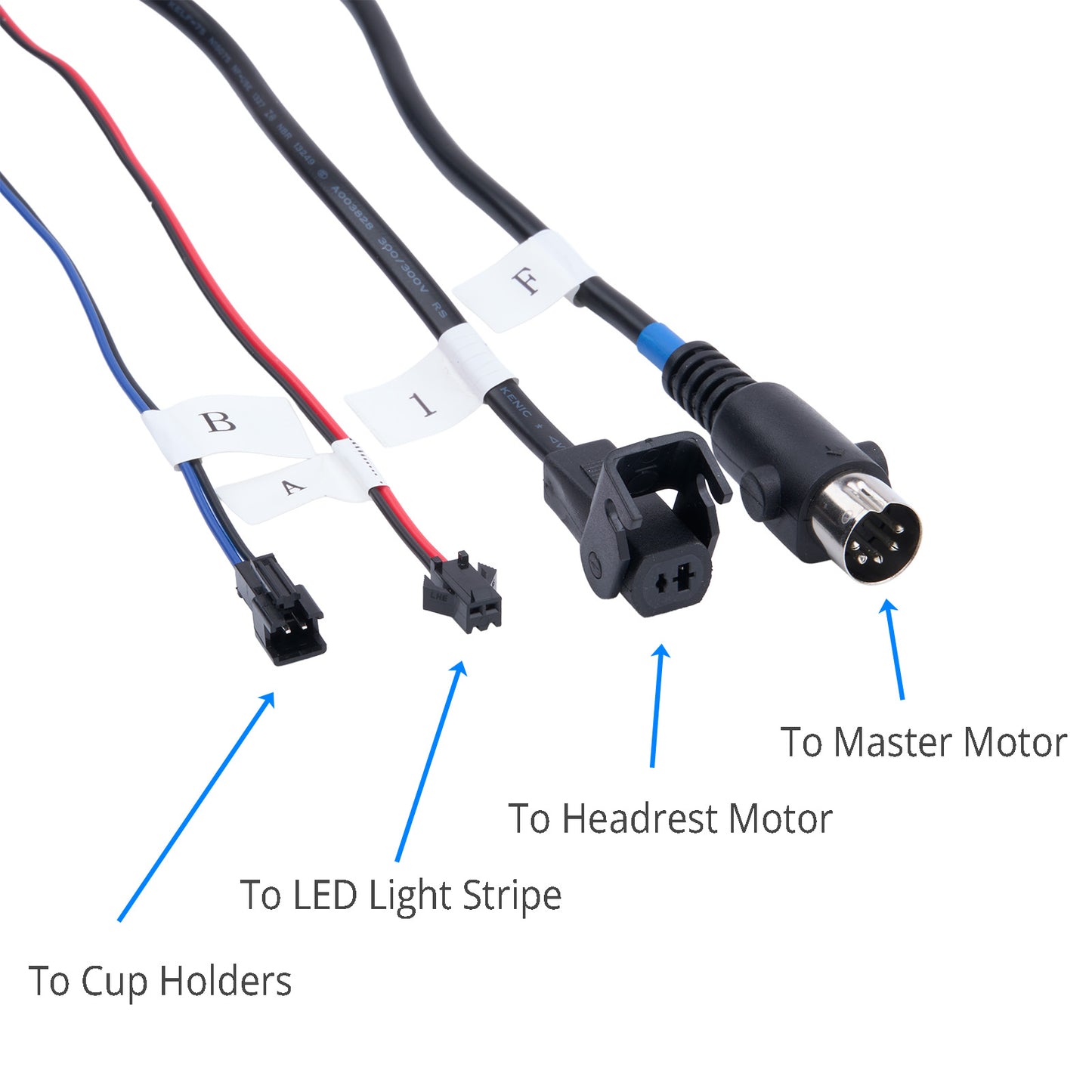 Wiring harness with labeled connections on a white background