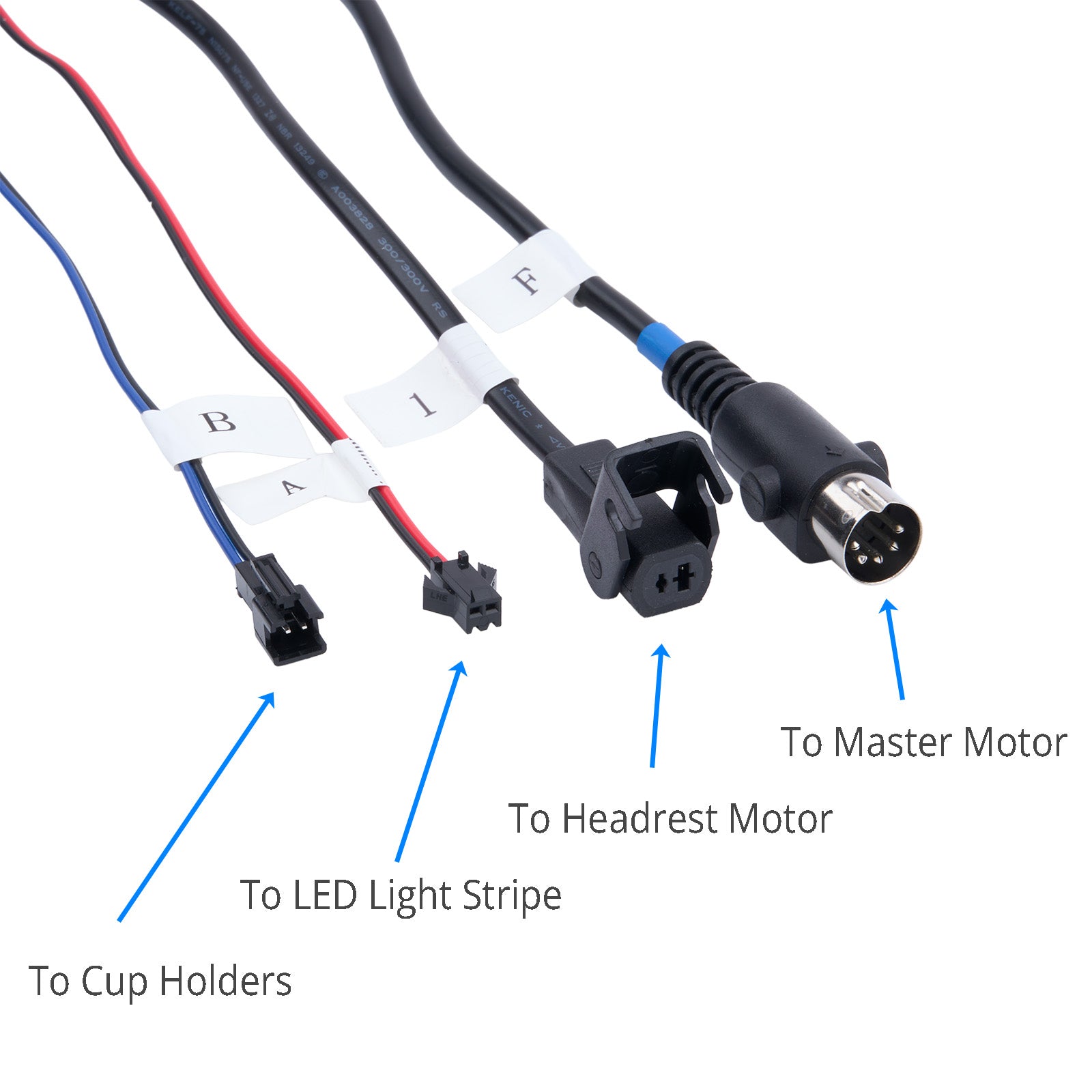 Wiring harness with labeled connections on a white background