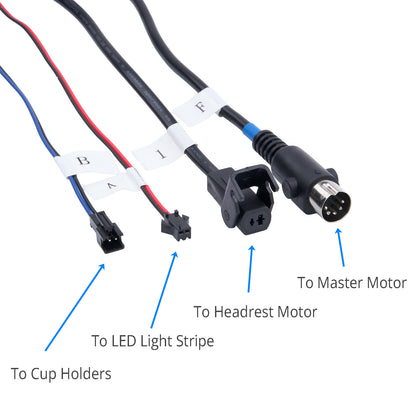 Wiring harness with labeled connections on a white background