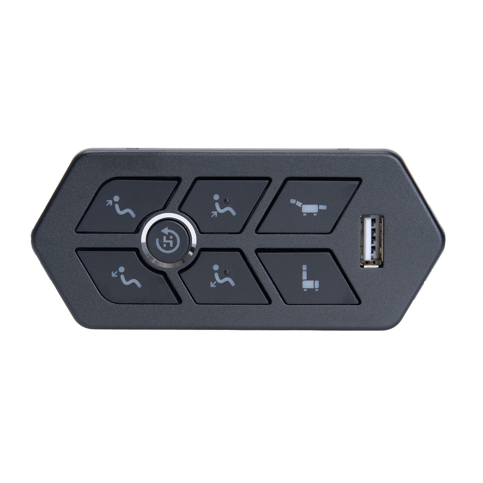 Black hexagonal control panel with buttons and USB port on a white background