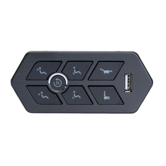 Black hexagonal control panel with buttons and USB port on a white background