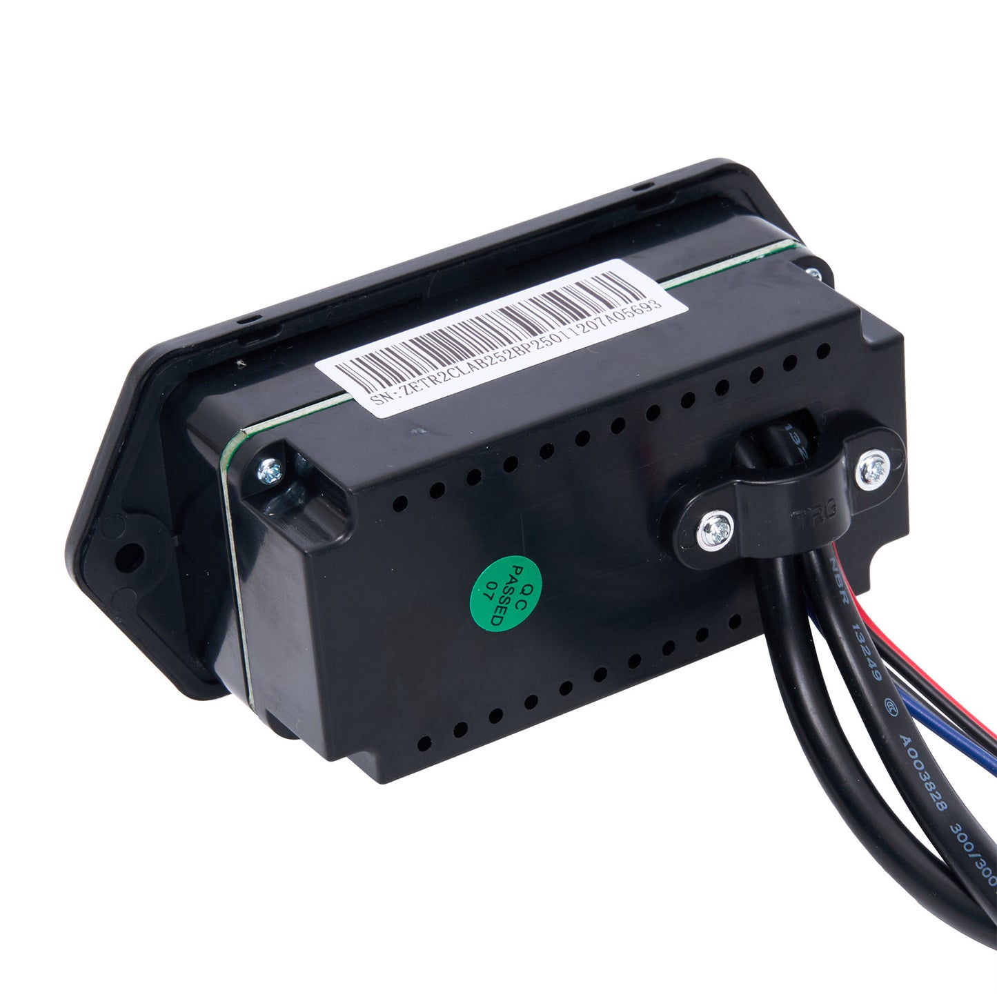 Black electronic device with wires on a white background