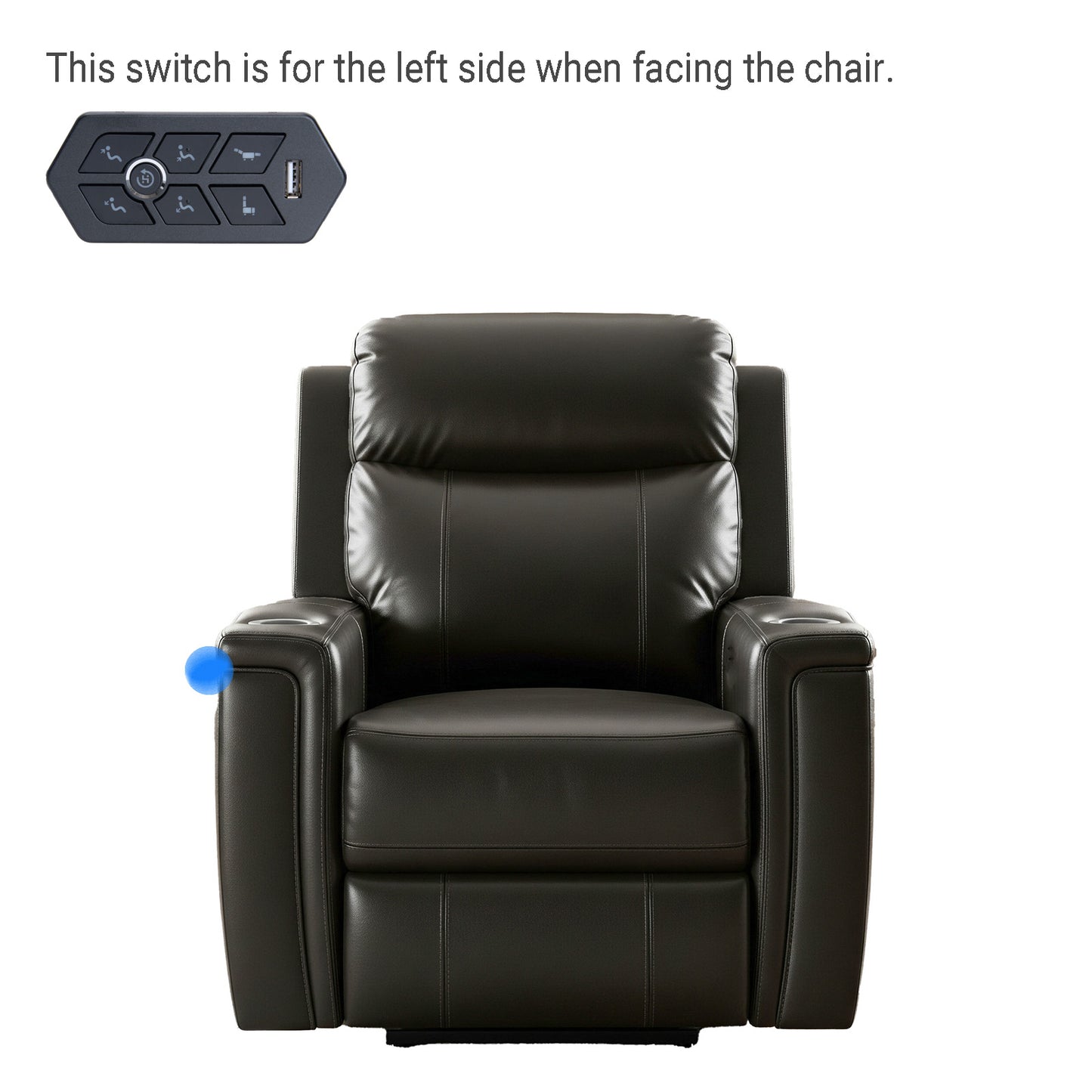 Black leather recliner chair with remote control on a white background
