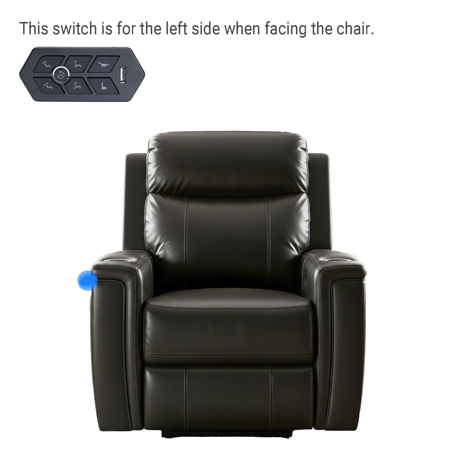 Black leather recliner chair with remote control on a white background