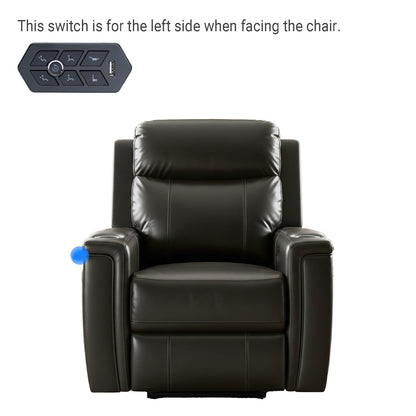 Black leather recliner chair with remote control on a white background