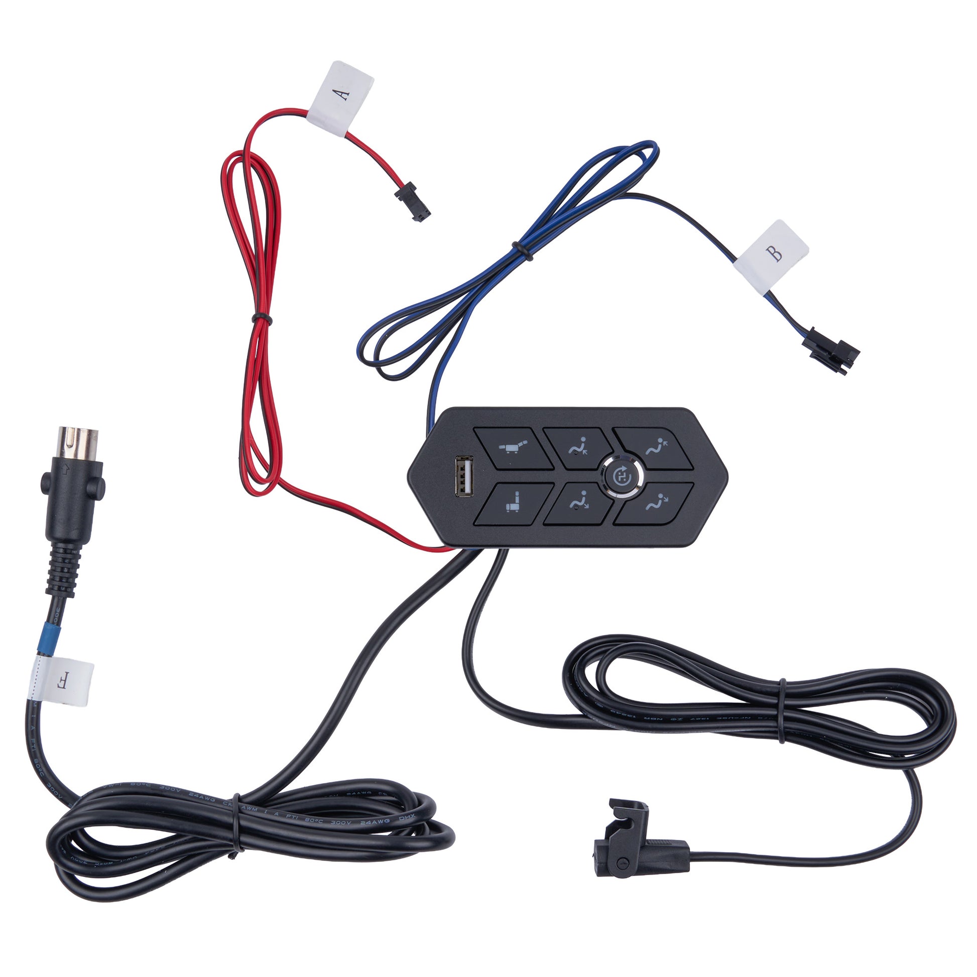 A black electronic control module with six buttons, connected to several black, red, and blue wires with white connector plugs, shown on a plain white background.